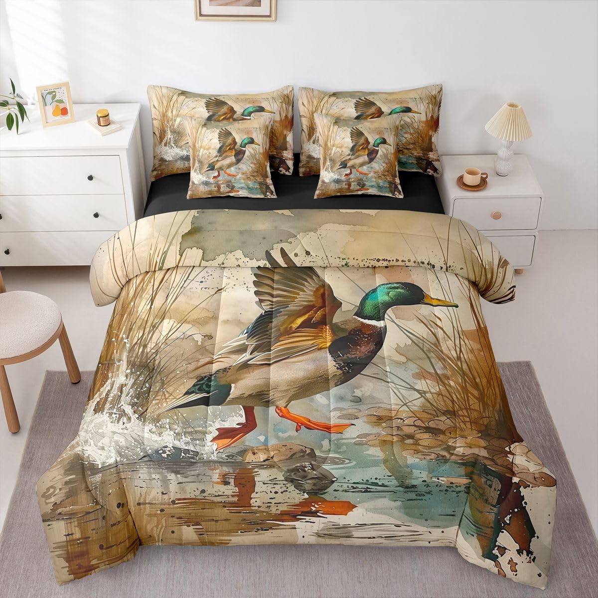 Erosebridal Wild Ducks 7 Piece Bedding Set Queen Mallards Comforter Set with Sheets Reeds Water Splashes Watercolors Bed in a Bag Hunt Cobblestone Spots Grey for Teens Men Women