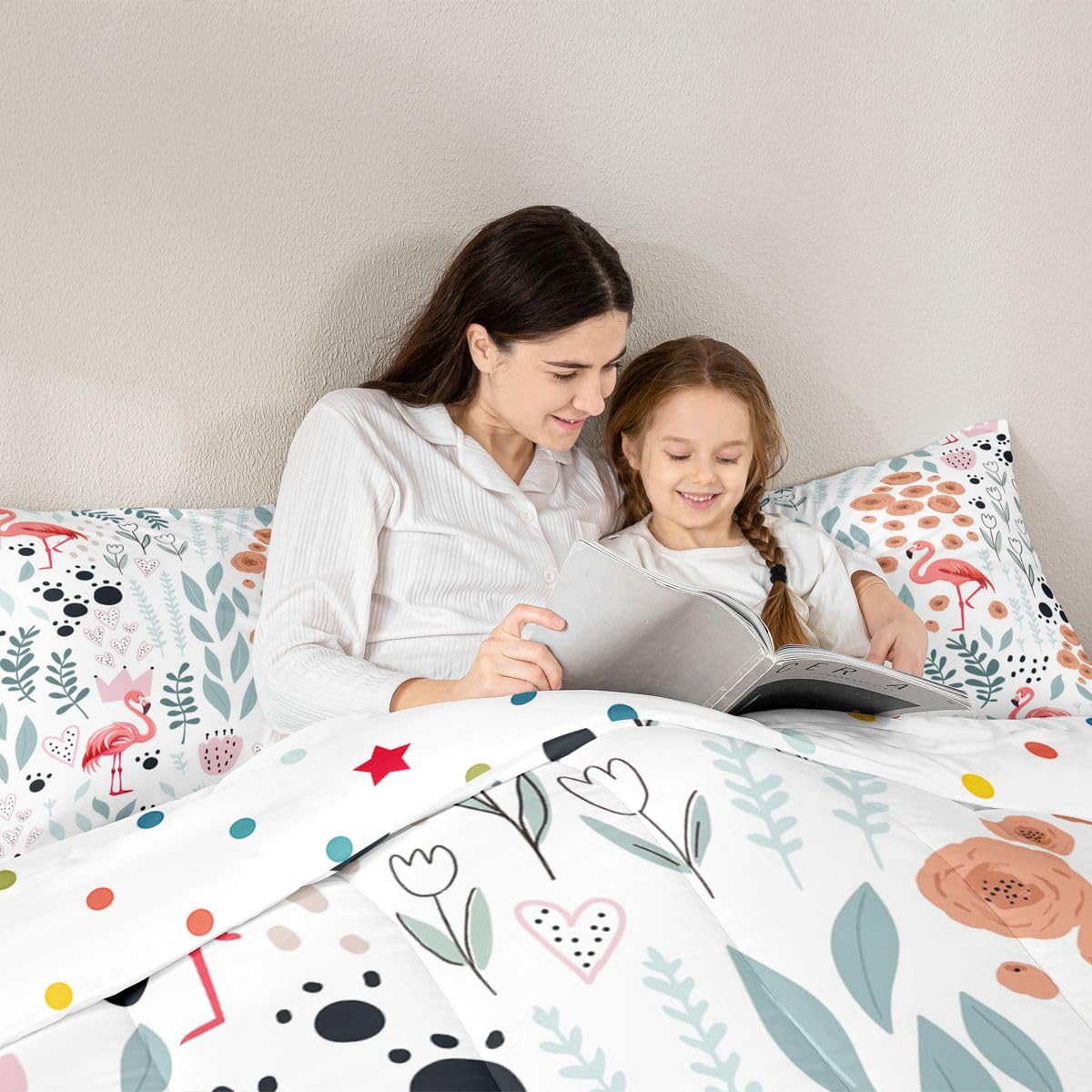 Erosebridal Kawaii Pink Flamingo Bedding Set Twin,Cartoon Flamingo Comforter Set for Kids Girls Boys,Cute Love Heart Leaf Flower Comforter Set,Paw Print Animal Quilt Bed Set with 1 Pillow Case