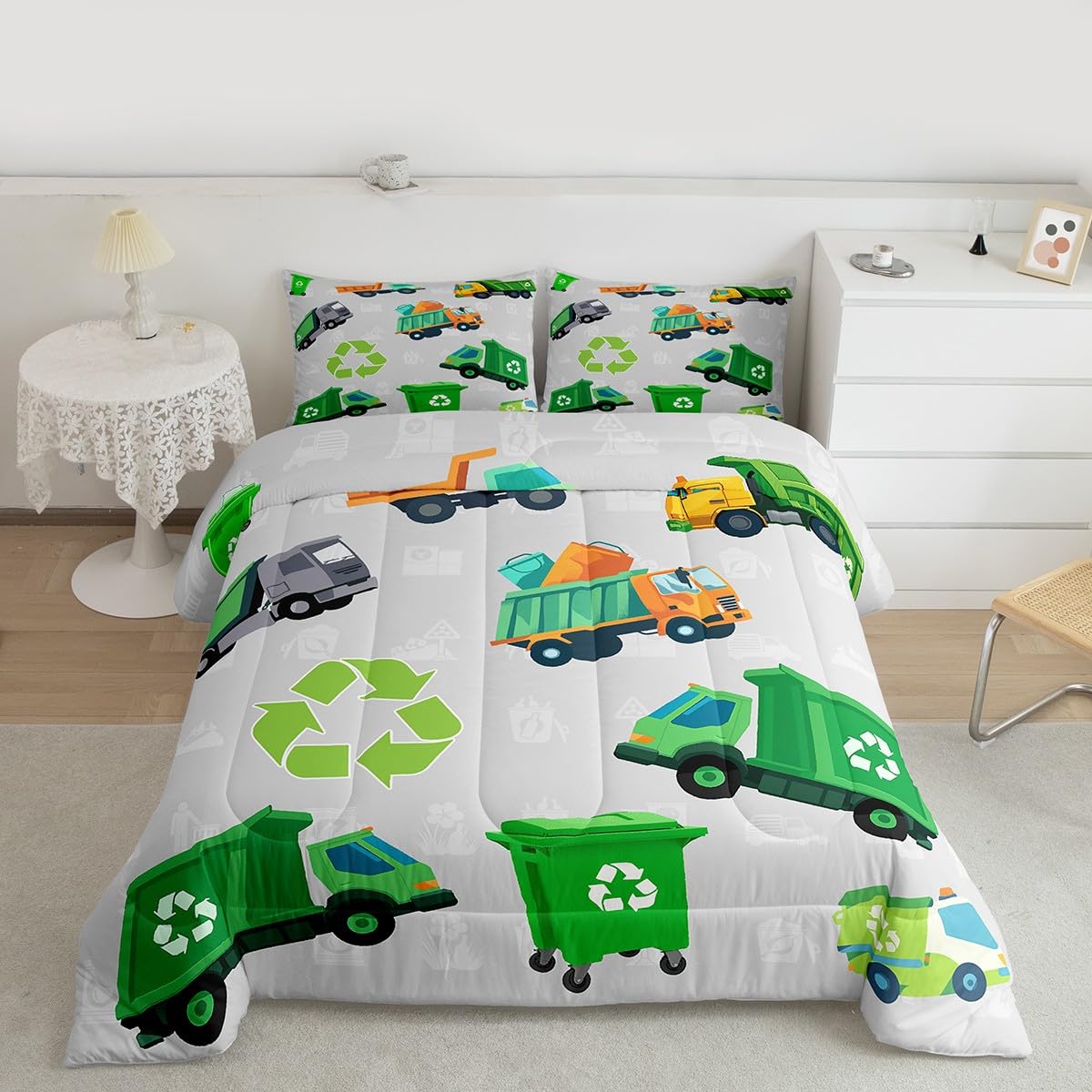 Feelyou Boys Green Garbage Truck Bedding Set - Cartoon Trash Truck Comforter Set for Kids Boys Girls Teens - Queen Size with 2 Pillow Case