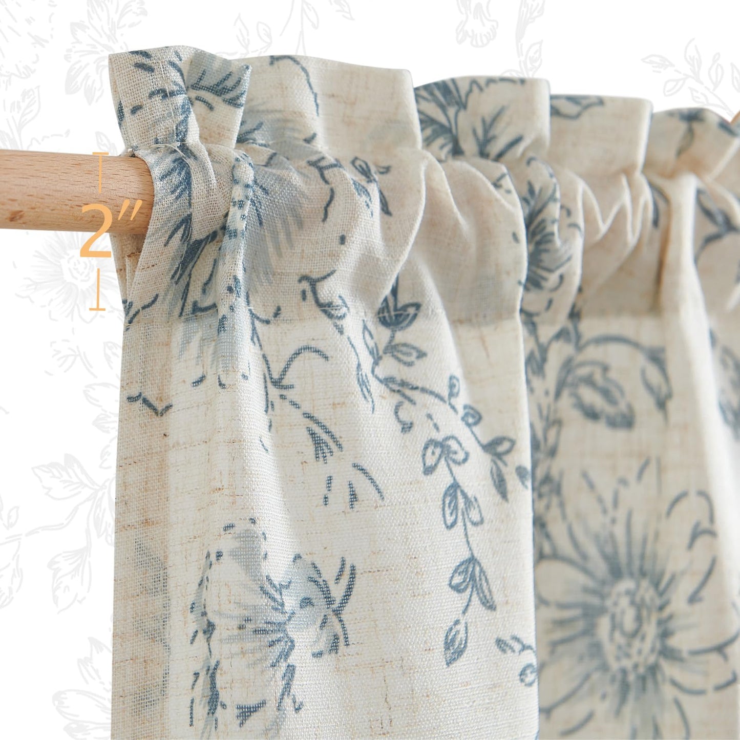 jinchan Floral Linen Tier Curtains Blue Flower on Beige Cafe Curtains 36 Inch Length Kitchen Living Room Bedroom Bathroom Farmhouse Rustic Country Rod Pocket 2 Panels
