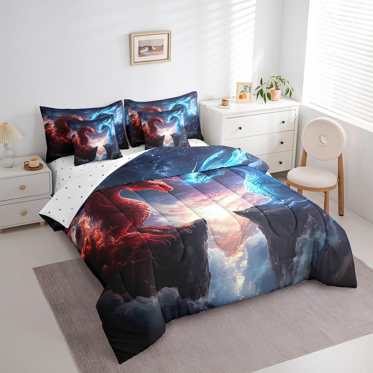 7 Pieces Blue Red Dragon Comforter Set Queen,Western Magical Animal Bed Set for Kids Boys Girls,Fire and Ice Bedding(1 Comforter,1 Fitted Sheet,1 Flat Sheet,2 Pillowcases,2 Throw Pillow Cover)