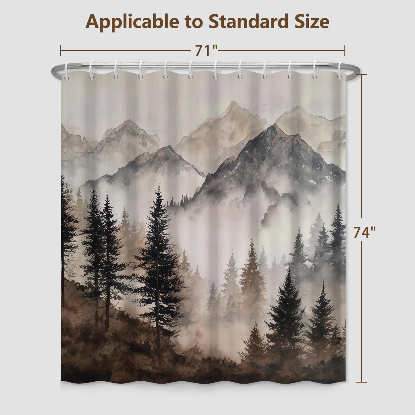Xiazhilaio Mountain Mist Forest Shower Curtain with Rings – 71x74 Inch Waterproof Fabric Bath Curtain with Hooks, Nature Landscape Scenic Bathroom Curtain for Rustic Cabin Style Home Accent