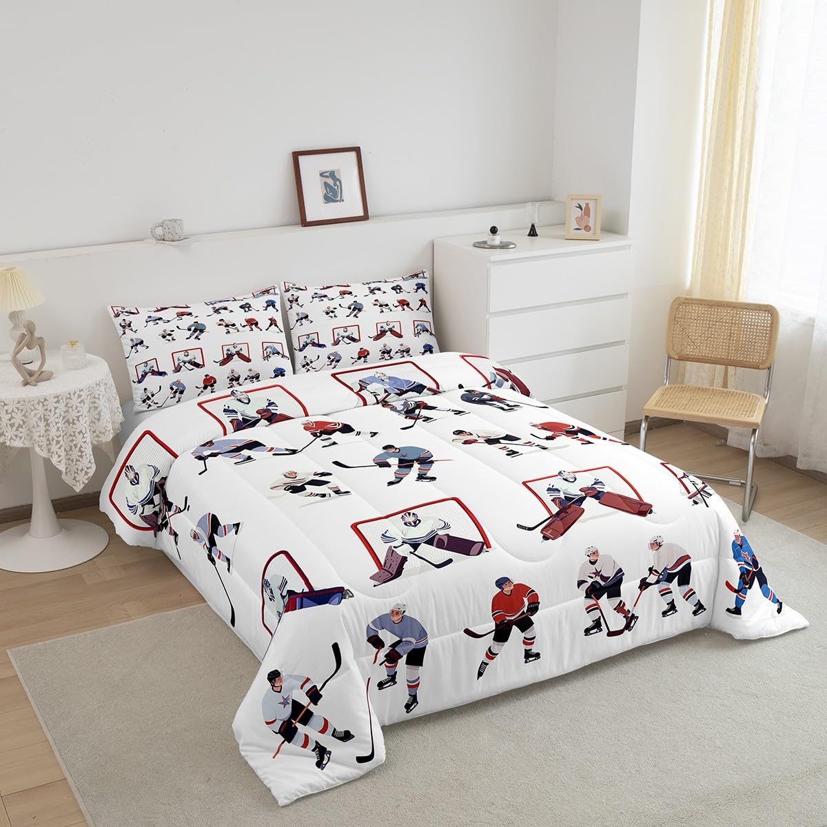 Feelyou Ice Hockey Bedding Set Kids Sports Event Comforter Set Hockey Player Comforter for Boys Room Decor Lightweight Duvet Set Twin with 1 Pillow Case