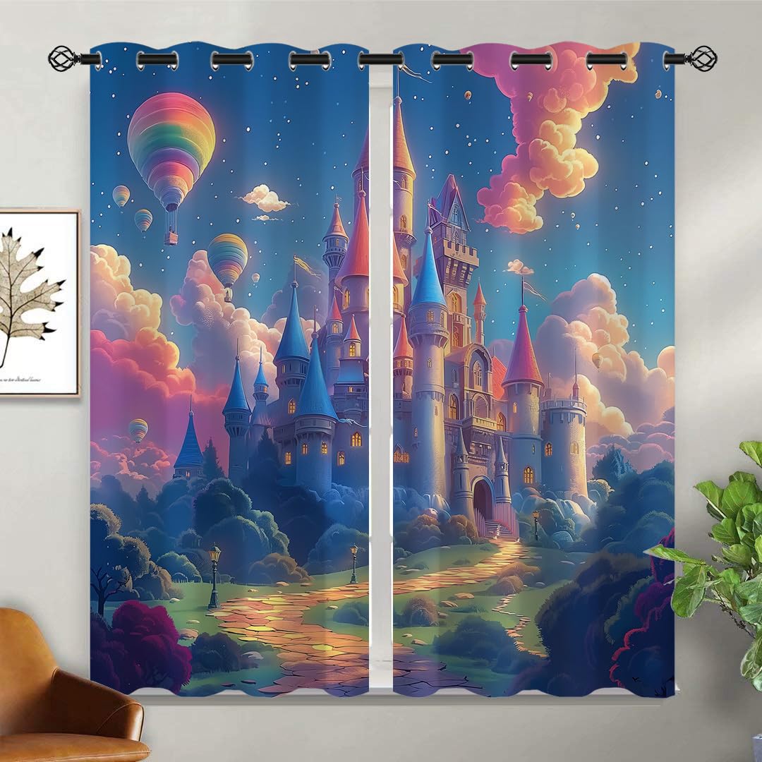 Fairy Tale World Castle Blackout Curtains for Girls Boy Home Decor, Cartoon Magic Fairy Manor Grommet Thermal Insulated Drapes Darkening Window Curtain for Bedroom Living Room, 42 x 45 Inch