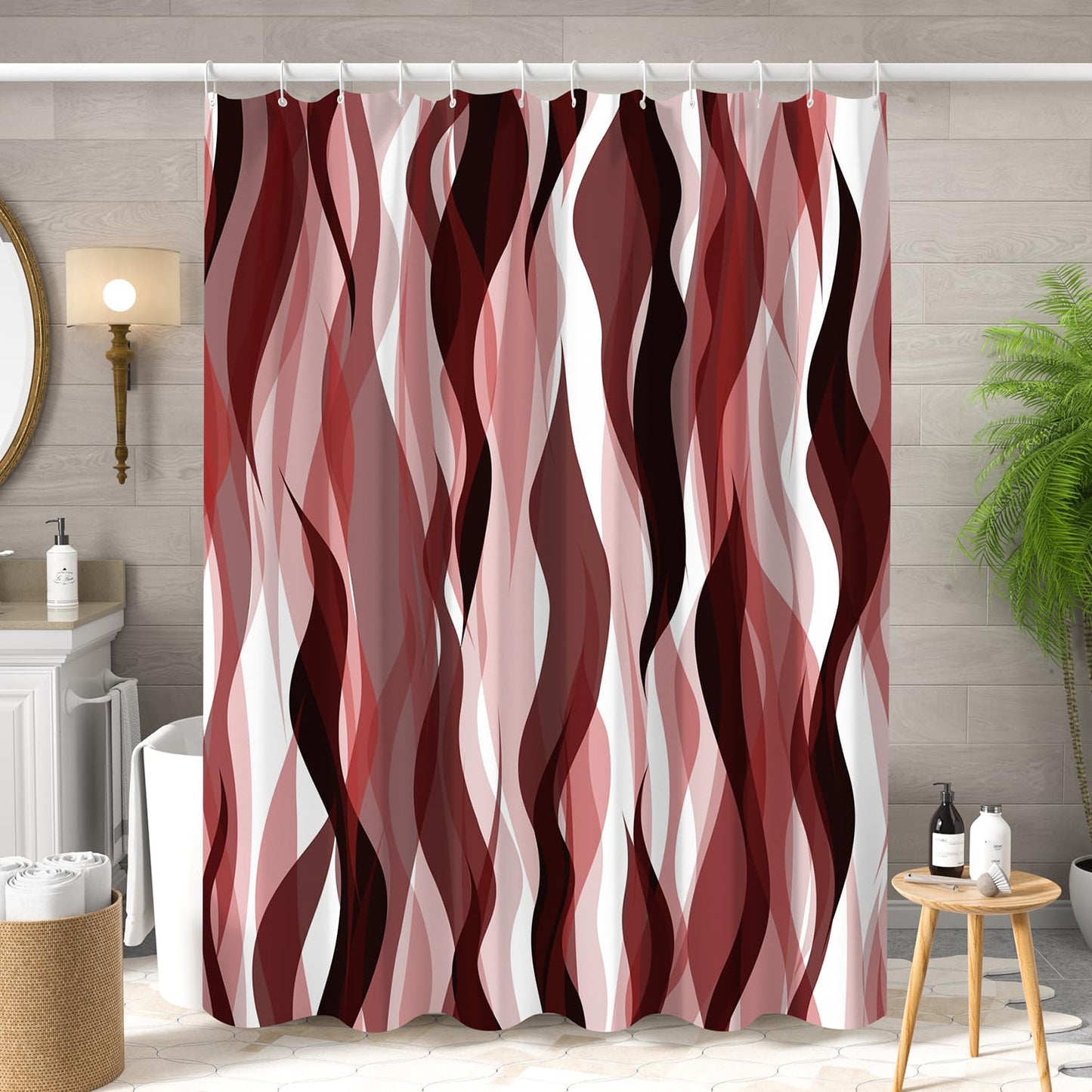 ChloropLastid Red Wavy Line Shower Curtain Red Black White Modern Geometric Abstract Striped Aesthetic Boho Bath Curtains Waterproof Fabric Bathroom Decoration with Hooks 72x72 inch