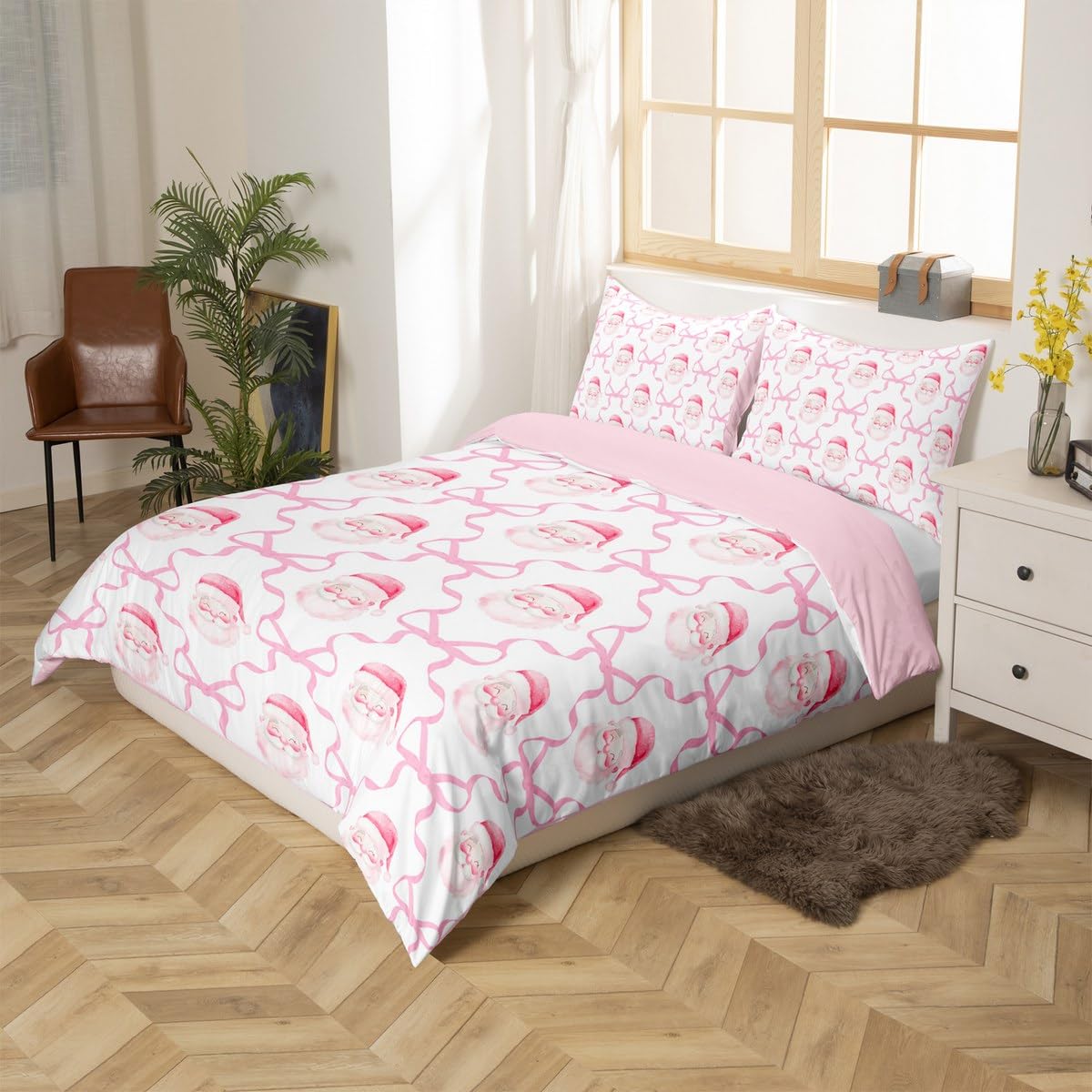 Castle Fairy Santa Claus Duvet Cover Set Twin Size,Pink Bow Print Bedding Sets 2Pcs for Kids Girls Boys Adult Room Decor,Merry Christmas Comforter Cover Pink Bowknot Grid Quilt Cover,1 Pillowcase