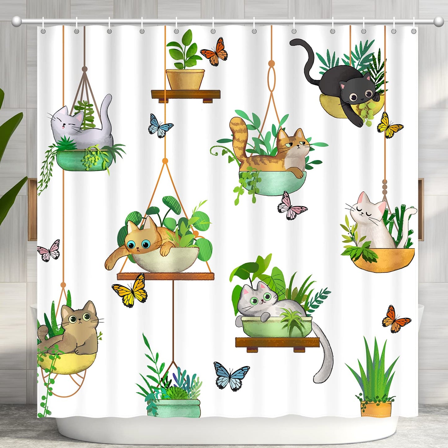 CutebriCase Hanging Potted Plants Cat Shower Curtain, Bracketplant KittyShower Curtain for Bathroom with 12 Hooks Polyester Fabric Waterproof Shower Curtain Sets Machine Washable Kids Bath Curtain