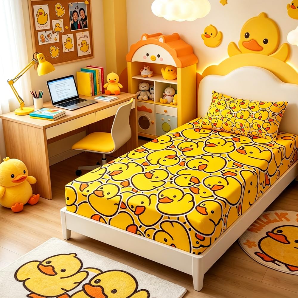 ARIGHTEX Twin Fitted Sheet for Kids Soft Yellow Rubber Duck Bed Sheet with 2 Pillowcases All-Round Deep Pocket 3 Pieces Microfiber Breathable Twin Duck Sheet Set for Boys Girls (Without Flat Sheet)