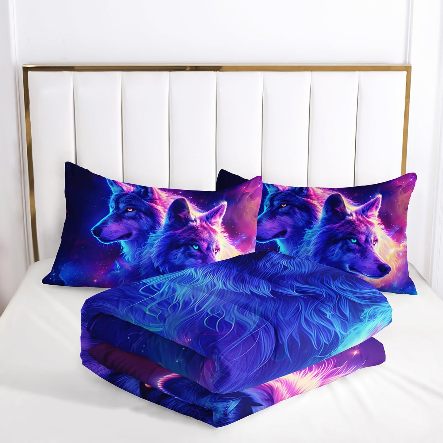 AILONEN Wolf Bedding Set Twin Comforter Set for Boys,Purple Galaxy Wolf Comforter Set for Kids Teen,Safari Wolf Bed in a Bag 3 Pieces,Starry Wolves Comforter with 2 Pillowcases