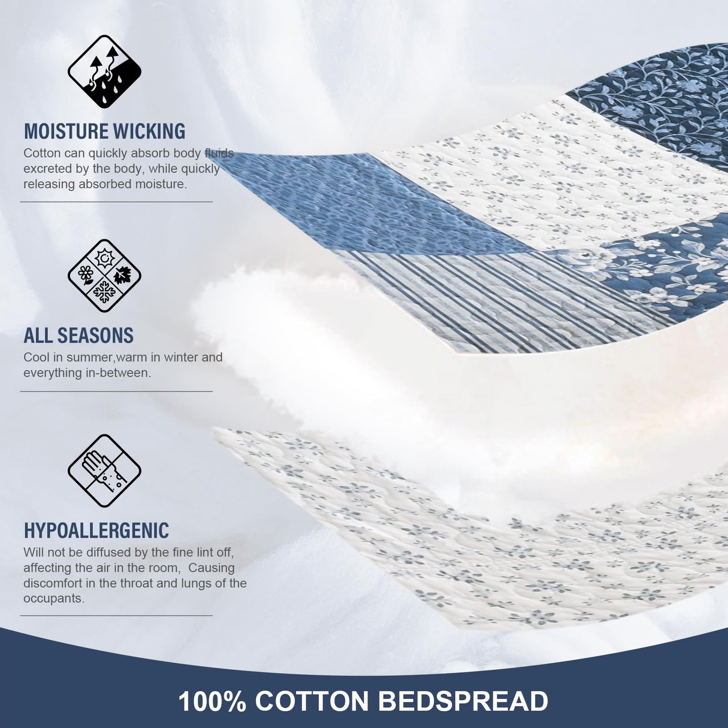 FineStichery 100% Cotton King Bedspread 120x120, Oversized Quilt Set, Farmhouse Extra Large Coverlet, Plaid Botanical and Paisley Pattern, Lightweight, Reversible, 3 Piece, Blue/White