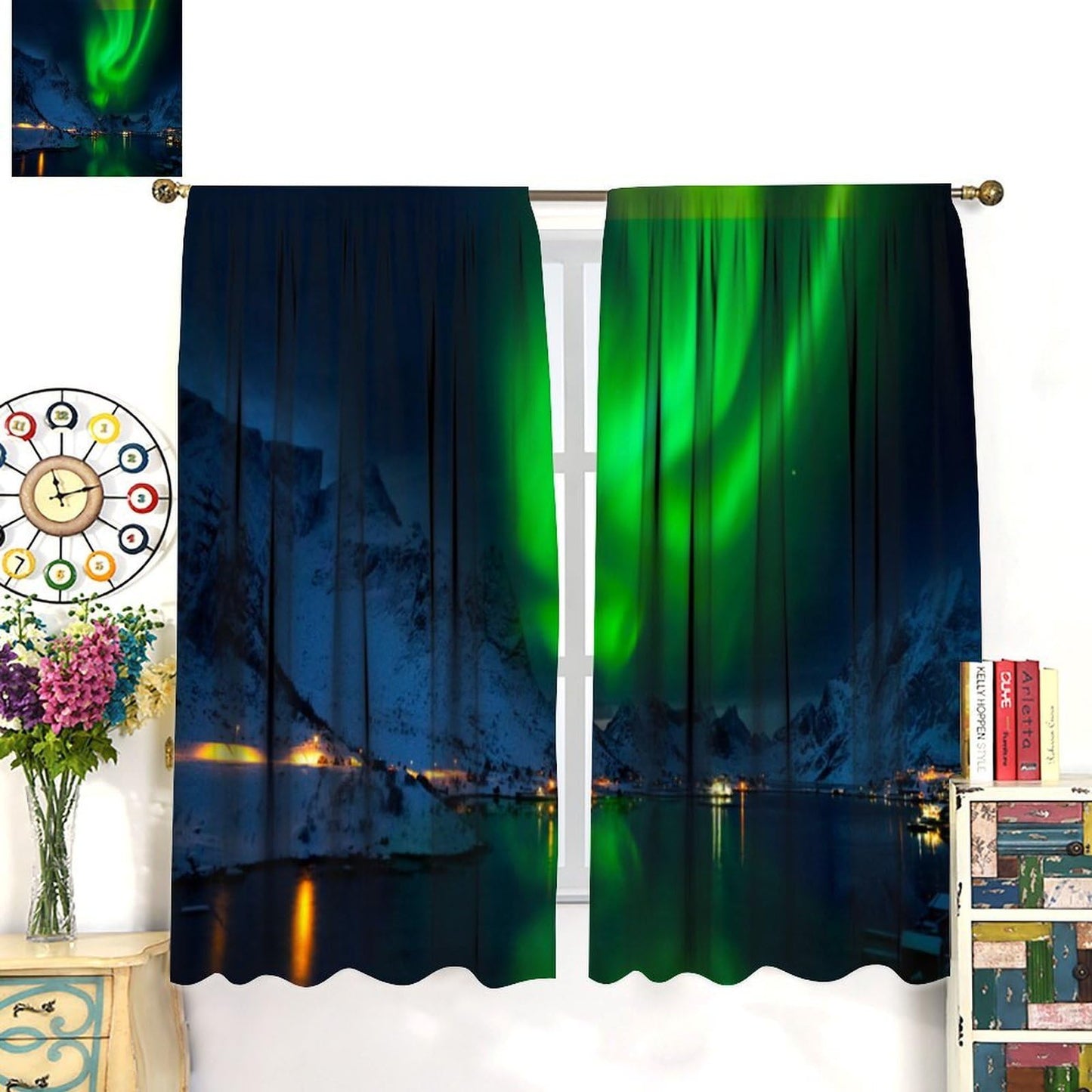 GoDazzling Night Aurora Nature Landscape Curtains, Green Northern Snow Mountain Lake Rustic Town Rod Pocket Window Drapes, for Bedroom Living Room 41" W X 45" L (No Blackout)