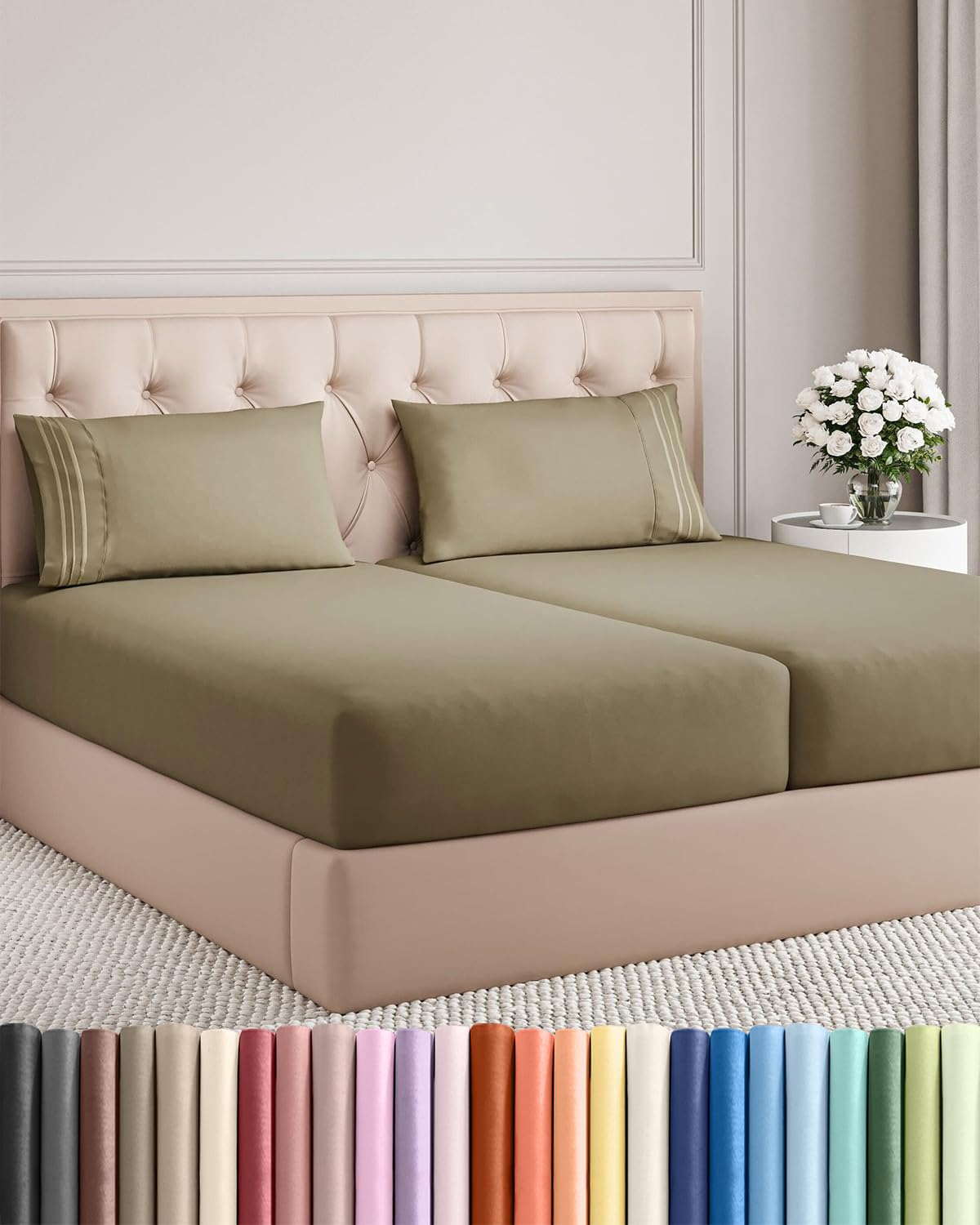 Split King Size 5 Piece Sheet Set - Comfy Breathable & Cooling Sheets - Hotel Luxury Bed Sheets for Women & Men - Deep Pockets, Easy-Fit, Soft and Wrinkle Free Sheets - Khaki Oeko-Tex Bed Sheet Set