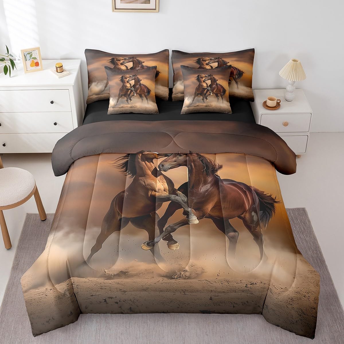Erosebridal Horse Quilt with Flat Fitted Sheet 7 Piece Twin 3D Horse Printed Bedding Sets Farmhouse Wild Animal Pattern Comforter Set Funny Horse Battle Theme Bed in A Bag for Kids Boys Teens,Brown