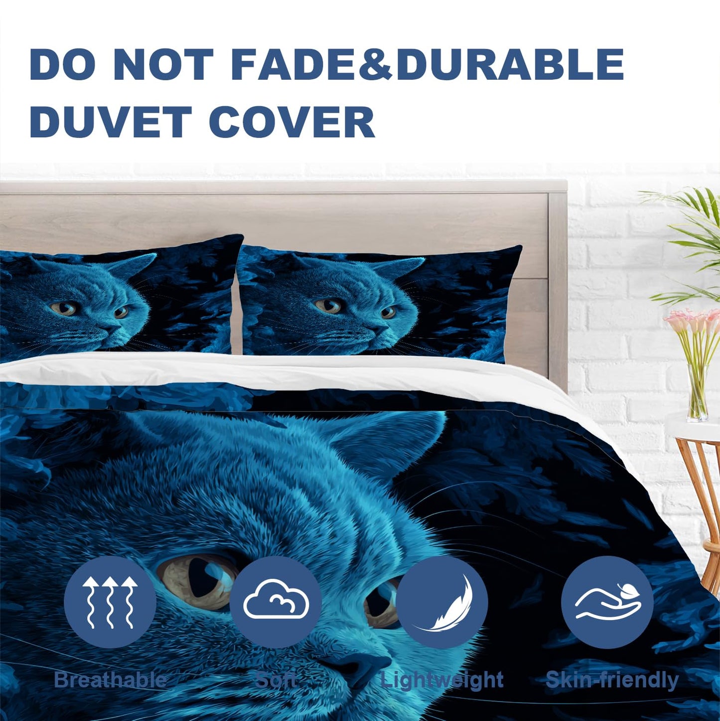 Batmerry Cute Cat King Size 100% Cotton Duvet Cover Sets, Blue in Feathers Bedding Set with Zipper Closure Corner Ties, 3 Pieces (1 Cover + 2 Pillowcases No Comforter)