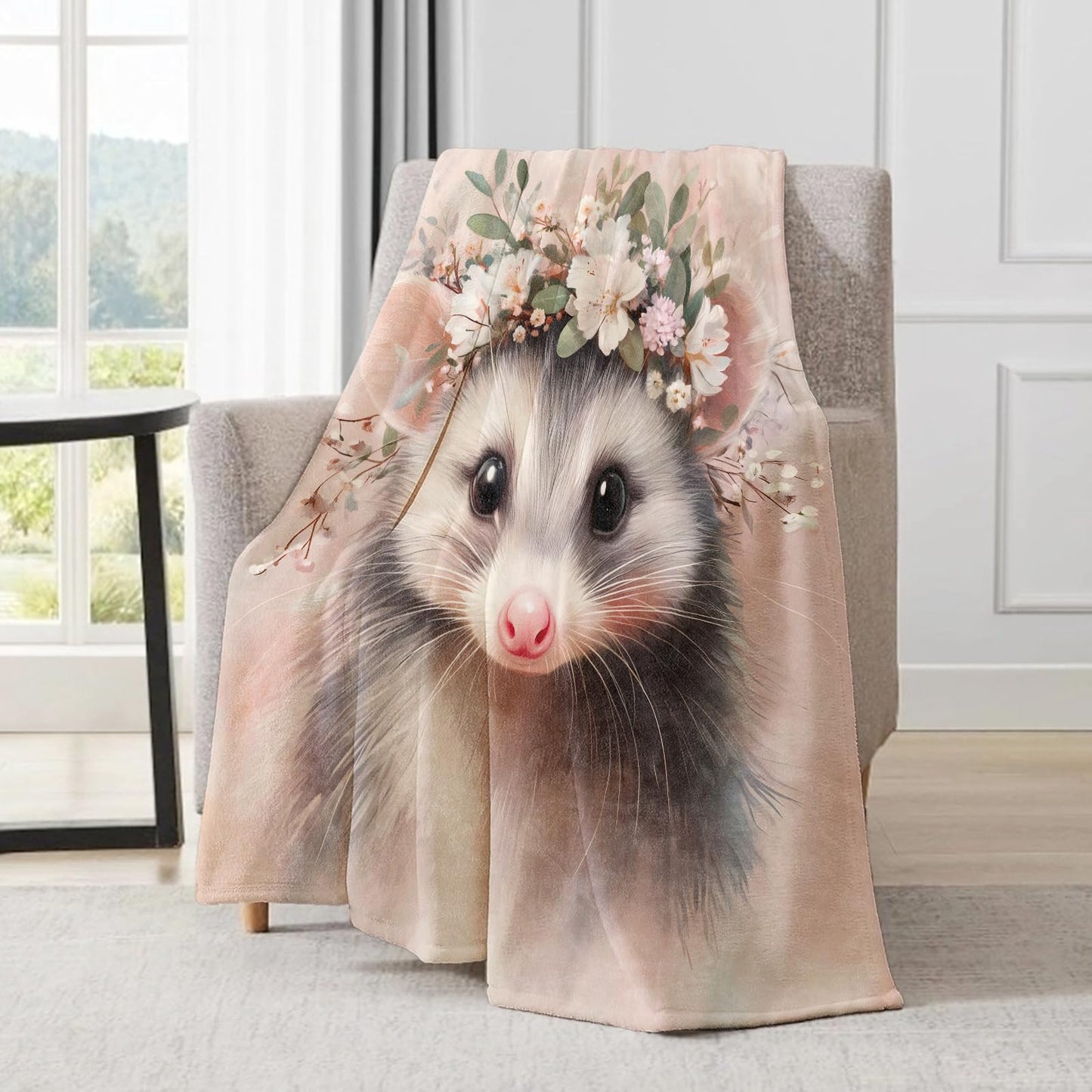 ainori Cute Possum Blanket - Adorable Sweet Opossum Flower Crown Fleece Throw,Gifts for Kids Adult, Soft & Warm,Lightweight, for Modern Decor,Animal Lovers, and Room Home Accents 50x60in