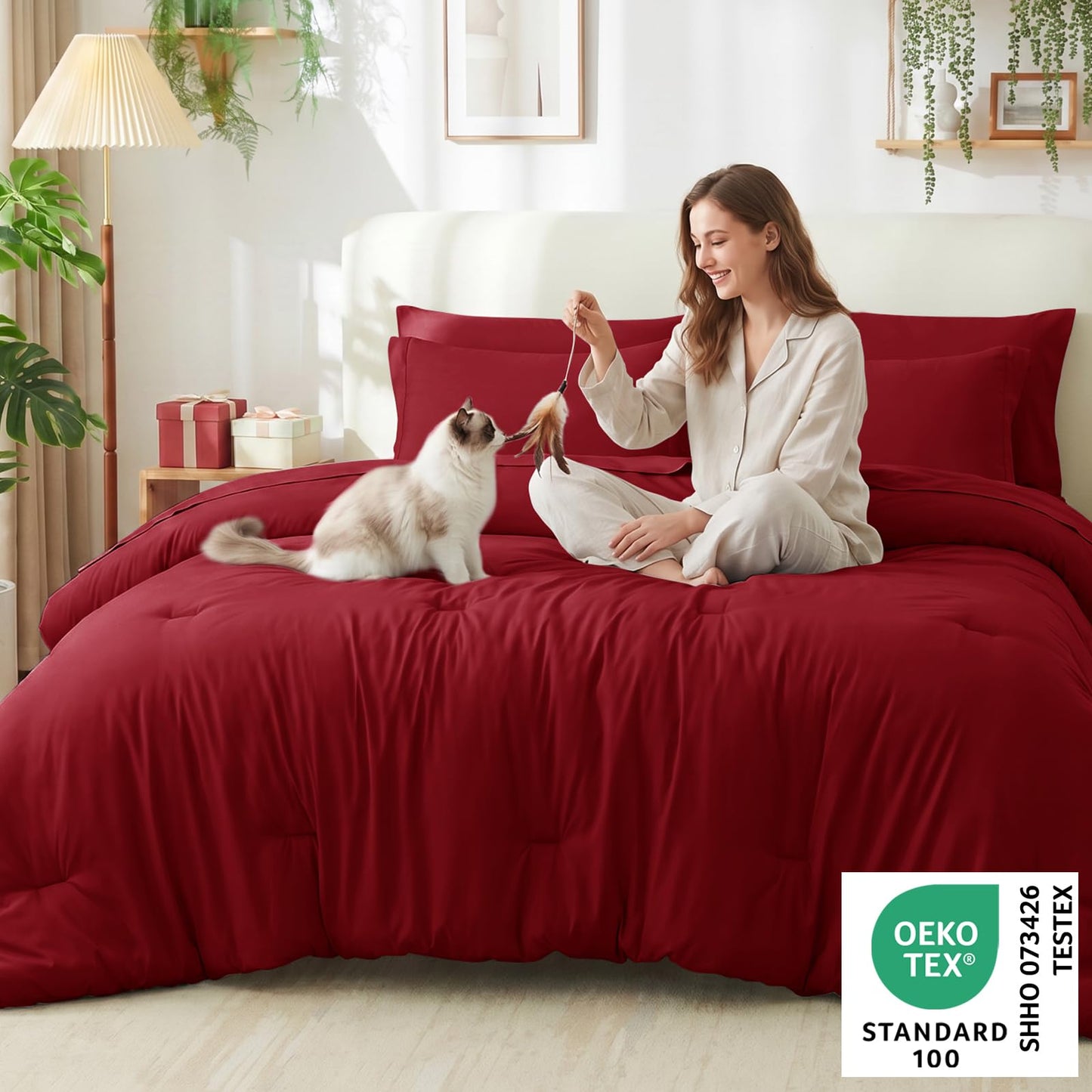 CozyLux Queen Comforter Set Dark Red, 7 Pieces Bed in a Bag Queen Comforter Set with Sheets, Luxury Soft Bedding Sets with Down Alternative Comforter, Fitted Sheet, Flat Sheet, Pillowcases & Shams