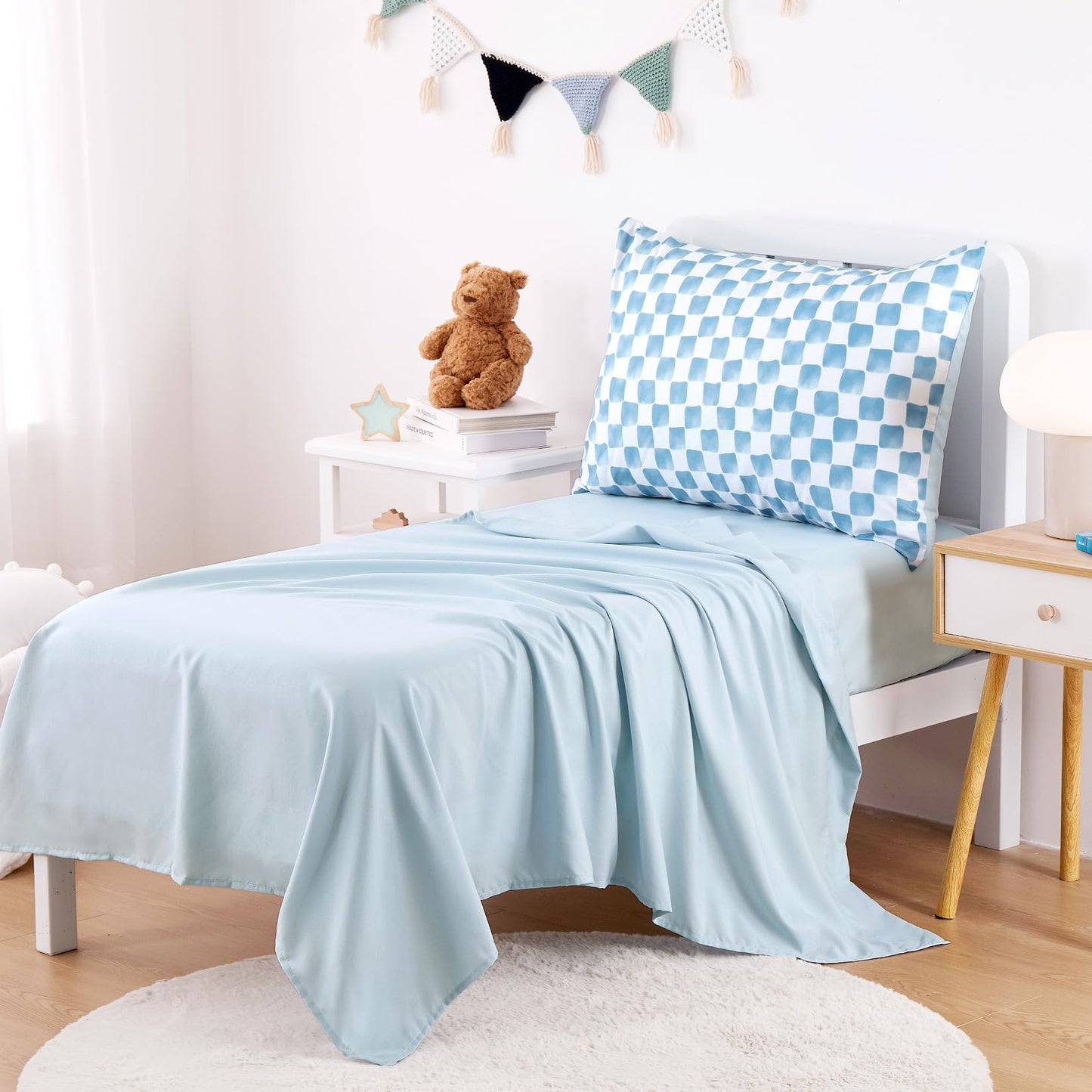 Wake In Cloud - Toddler Bedding Set for Boys Girls, Cute Gingham Grid Checkered, 4 Pieces Soft Crib Bed Set Including Comforter, Sheets and Pillowcase, Blue White