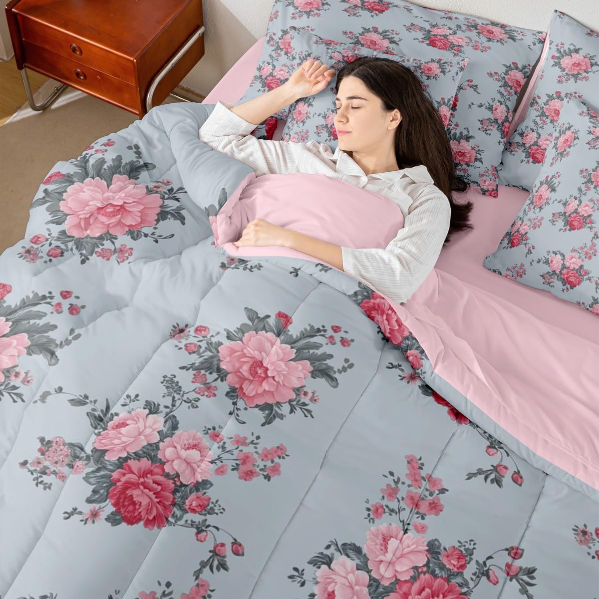 jejeloiu Flower Printed Twin Comforter Set with Sheets for Kids Boys Girls Luxury 7 Pieces Bedding Set Leaves Bed in a Bag Room Decor Soft Lightweight Microfiber