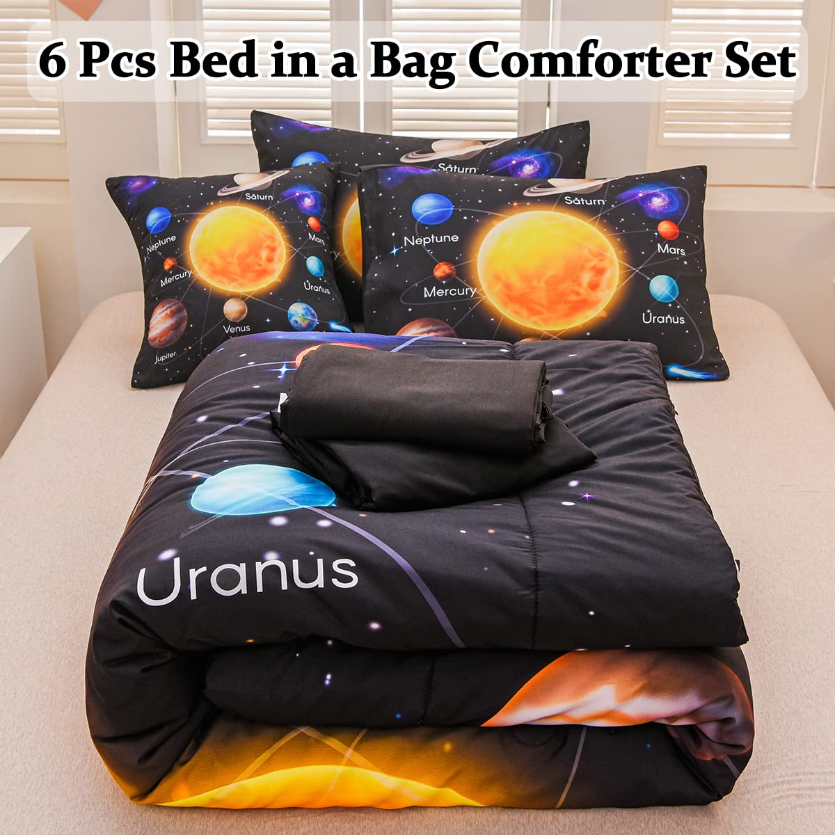 Tasselily 6 Pcs Bed in A Bag Twin Comforter Set for Boys, Solar System Universe Planet Comforter, Space Bedding Sets with Sheets for Kids