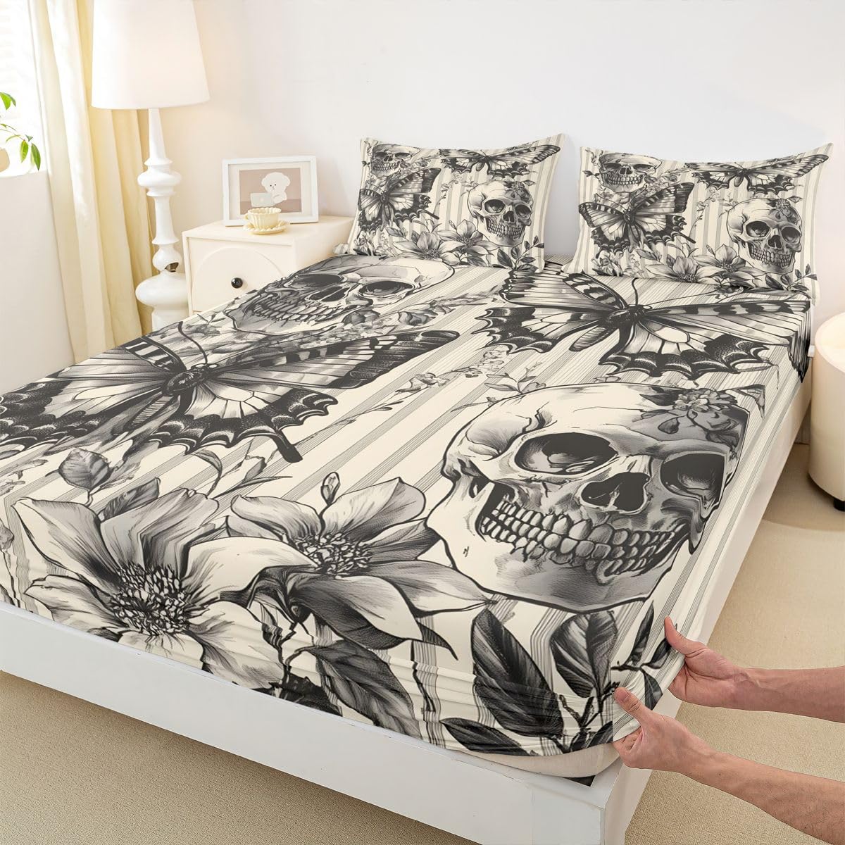 jejeloiu Black Skull and Butterfly Bed Sheets Set Queen Size Happy Halloween Bed Set Grey and White Deep Pocket Fitted Sheet Breathable Soft Lightweight Microfiber