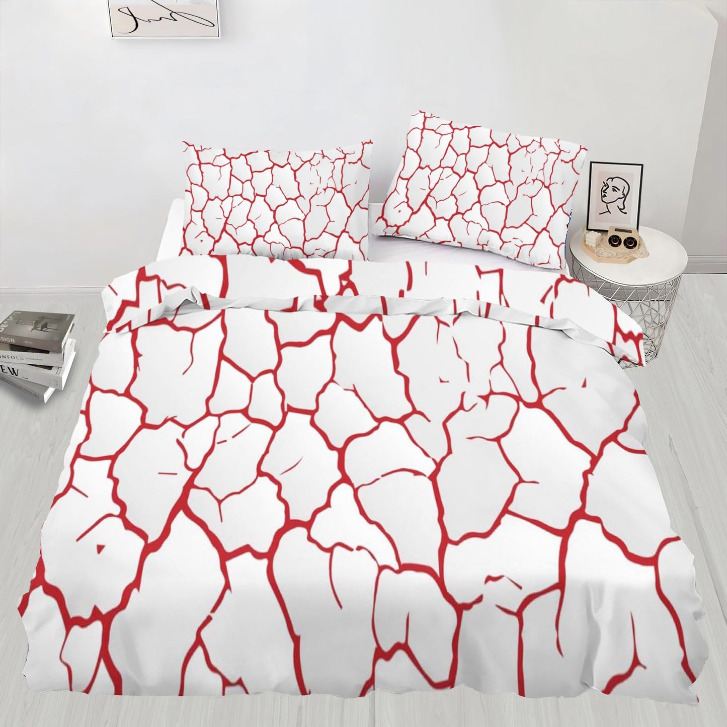 PAISUOQ Red Duvet Cover Queen Size - Cracked Texture Home Decor & Gifts, 3 Piece Back to School Dorm Bedding, Easy Care Microfiber Comforter Cover & Pillowcases, Simple White