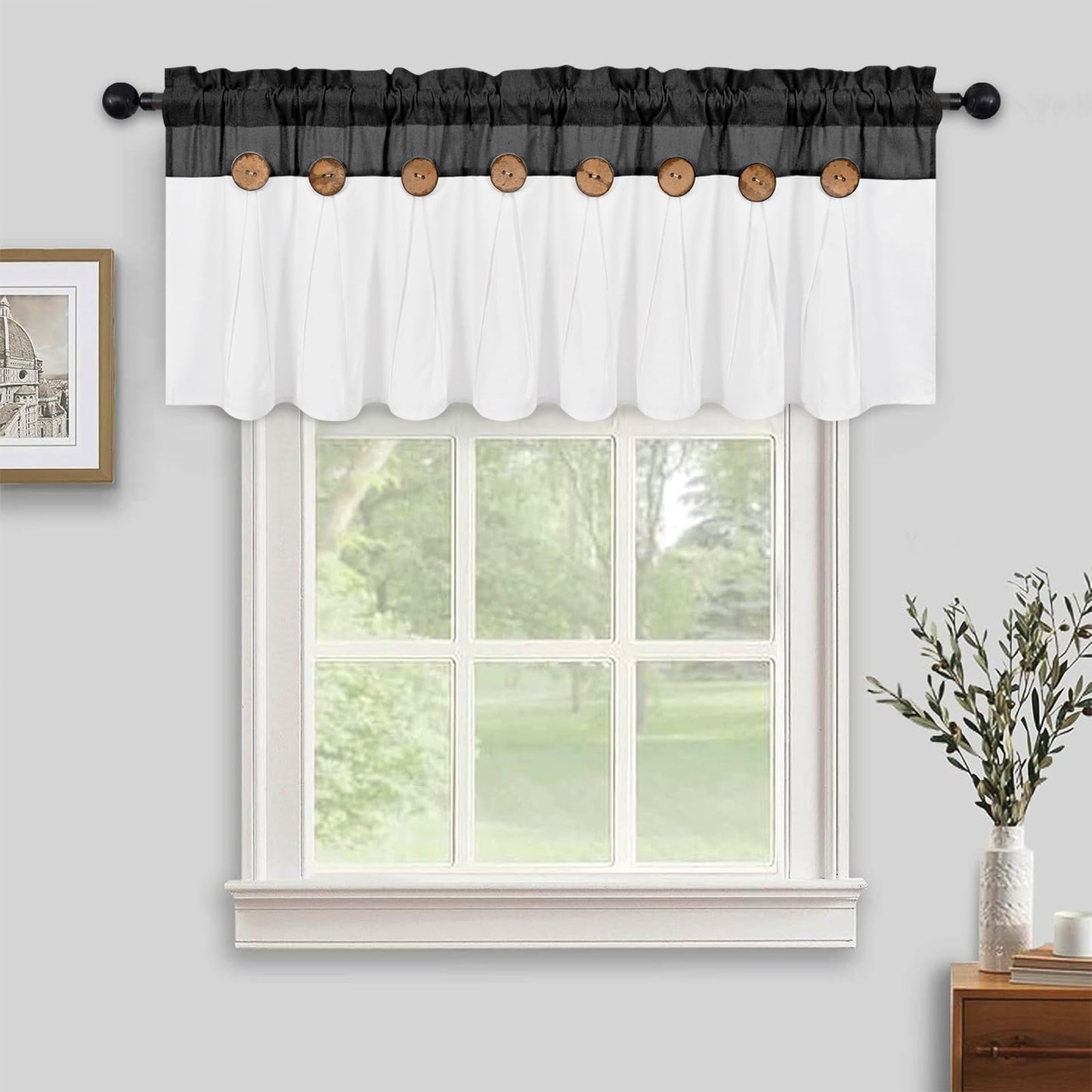FRAMICS Farmhouse Valance Curtains, Boho Cotton Linen Kitchen Valance, Black Rustic Button Window Valance for Kitchen Bathroom Bedroom, Country Rod Pocket Valances for Windows, Black, 52 x 18 Inch