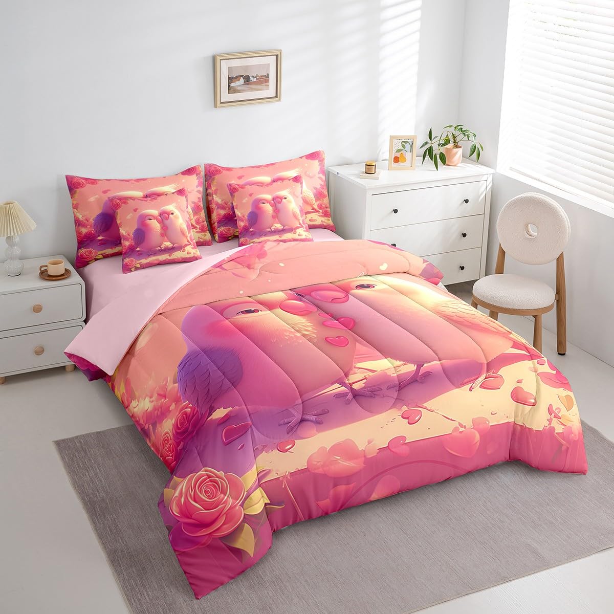Erosebridal Cute Cardinal Couple Full Comforter Set for Girls Women,Pink Roses Valentine's Day Bed in A Bag Cartoon Animal Lovers 7 Piece Bedding Set Romantic Love Heart Flowers Bed Set