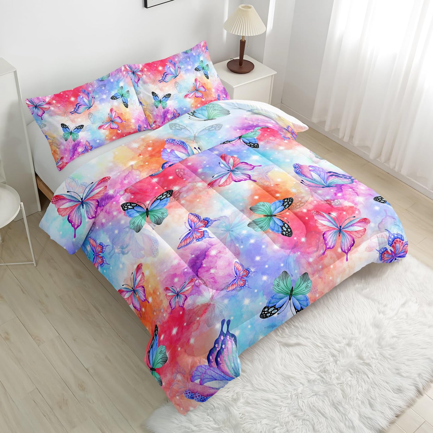 Nttopship Rainbow Butterfly Comforter Sets - Twin Size, Cute Kids Bedding Sets with Galaxy Butterfly Pattern, All Season Comforter and 2 Pillowcases