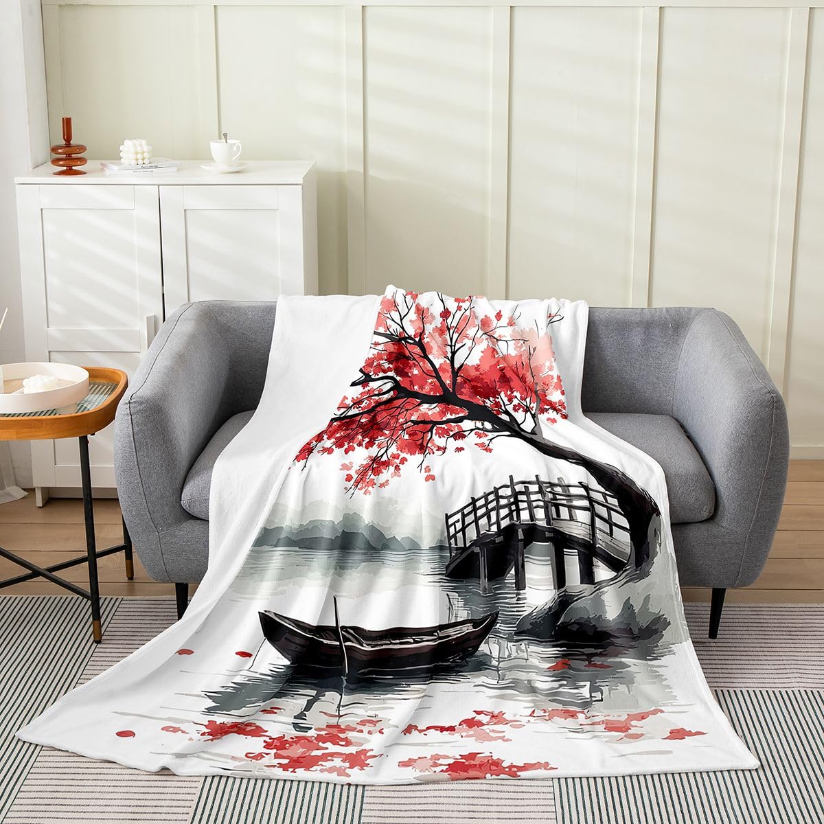 Erosebridal Red Cherry Blossoms Printed Blanket for Girls,Japanese Style Throw Blanket 40x50 Inch,Japan Fleece Blanket Soft,Ink Painting Fuzzy Blanket for Bedroom
