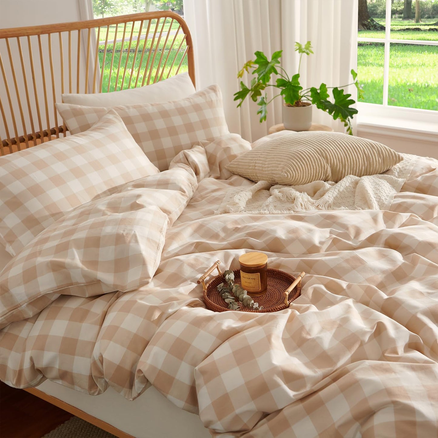 Jolusere Gingham Duvet Cover Queen 3 Pieces 100% Cotton Duvet Cover Beige Plaid Bedding Set Orange Tan Farmhouse Checkered Grid Comforter Cover with 2 Pillowcases