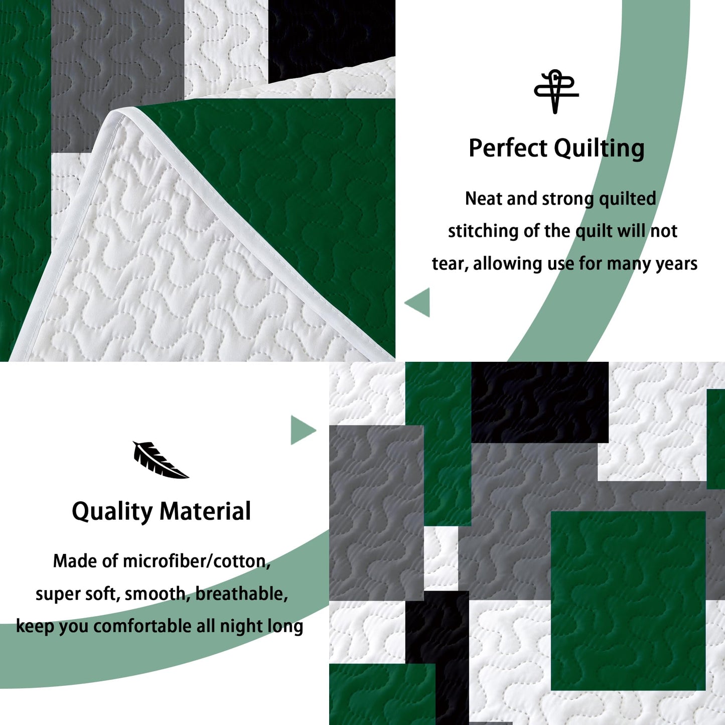 Tyrot 3 Piece Green Quilt Set Full/Queen Size Green Black White Geometric Reversible Bedding Set Microfiber Lightweight Bedspread Coverlet with 2 Shams Modern Bed Cover for All Season, 90''x96''