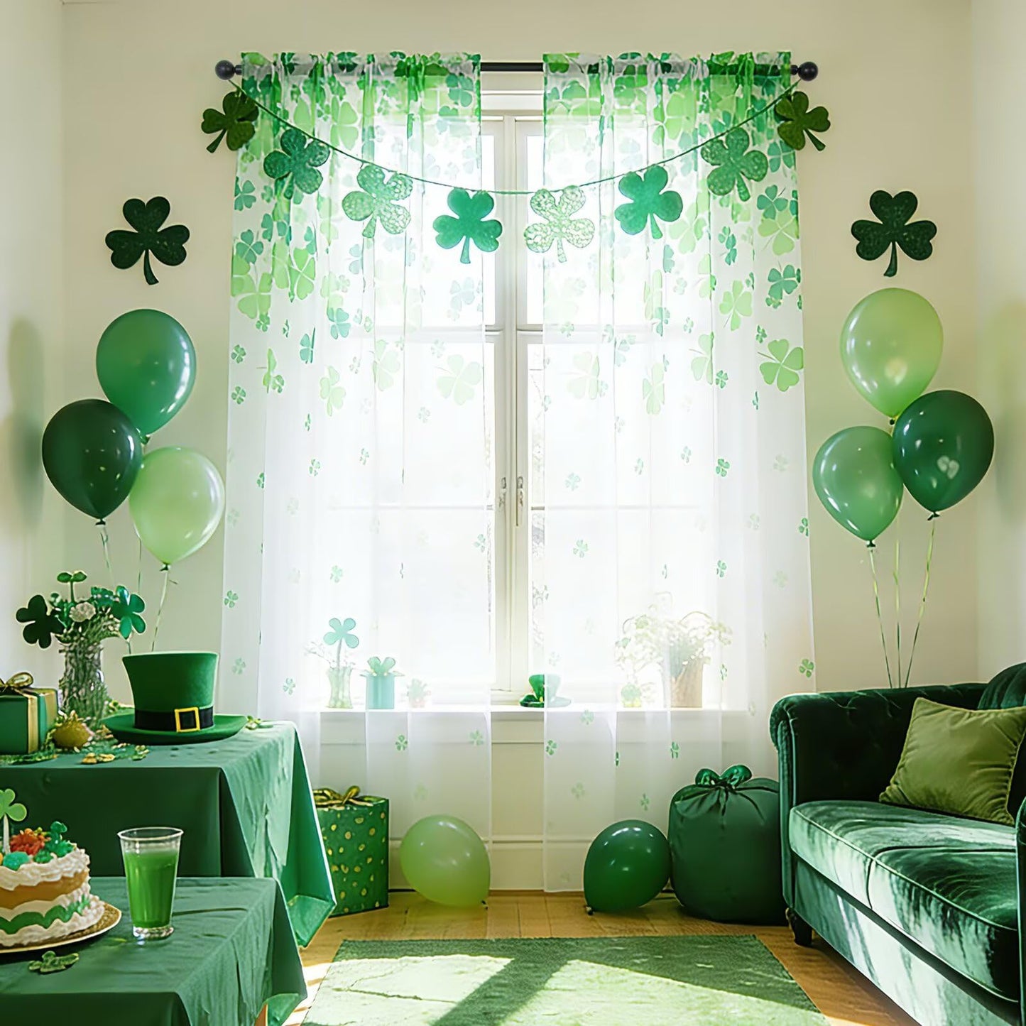 youleyar St. Patrick's Day Sheer Curtains 84 Inches Long, 2 Panels Shamrock Clover Printed Pattern Curtain, Rod Pocket Drapes for Bedroom and Home Decor, 52" W x 84" L
