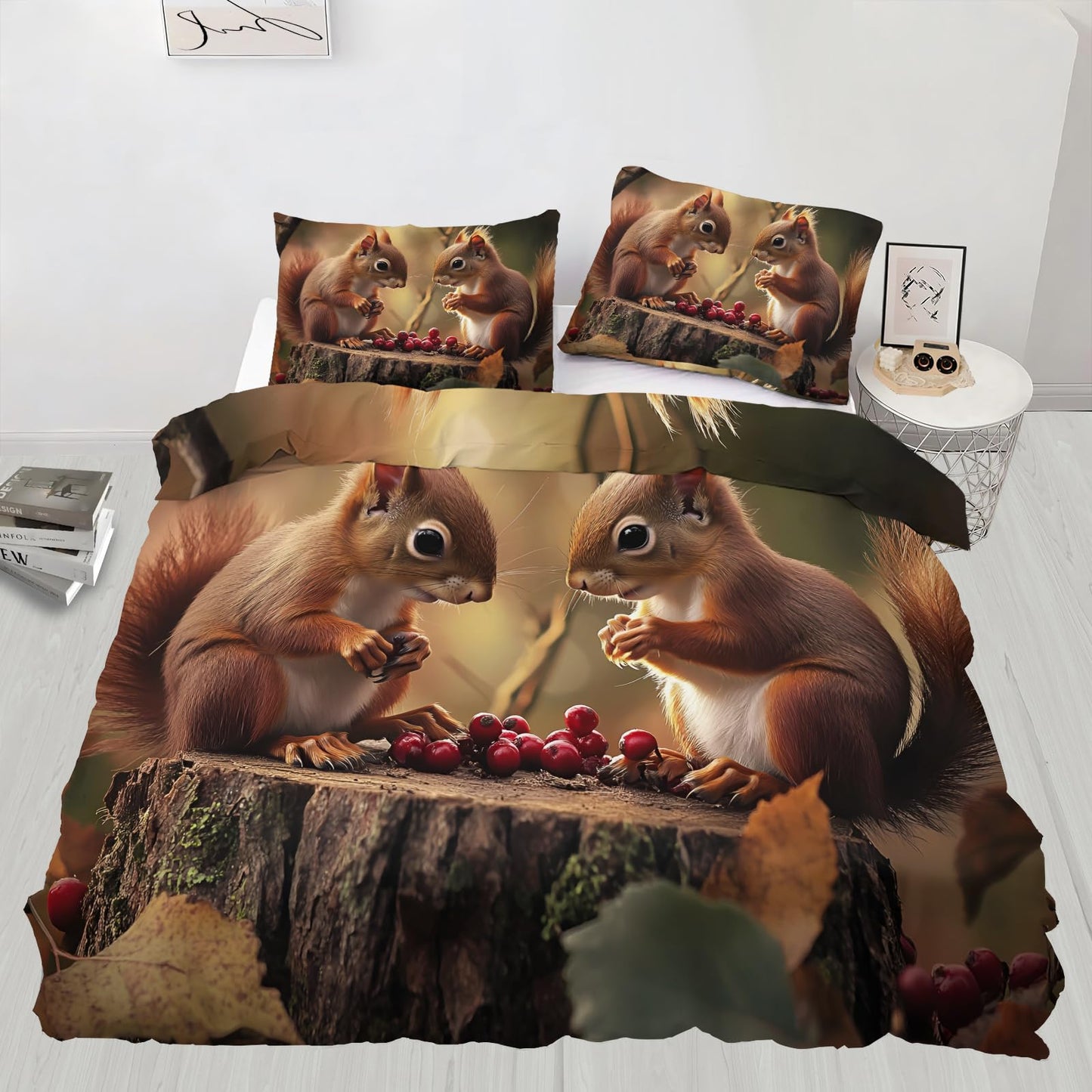 Squirrel Duvet Cover Twin Size, Squirrel Bedding Set 3 Piece, Animal Comforter Cover and 2 Pillow Sham with Zipper Closure 68" x86"