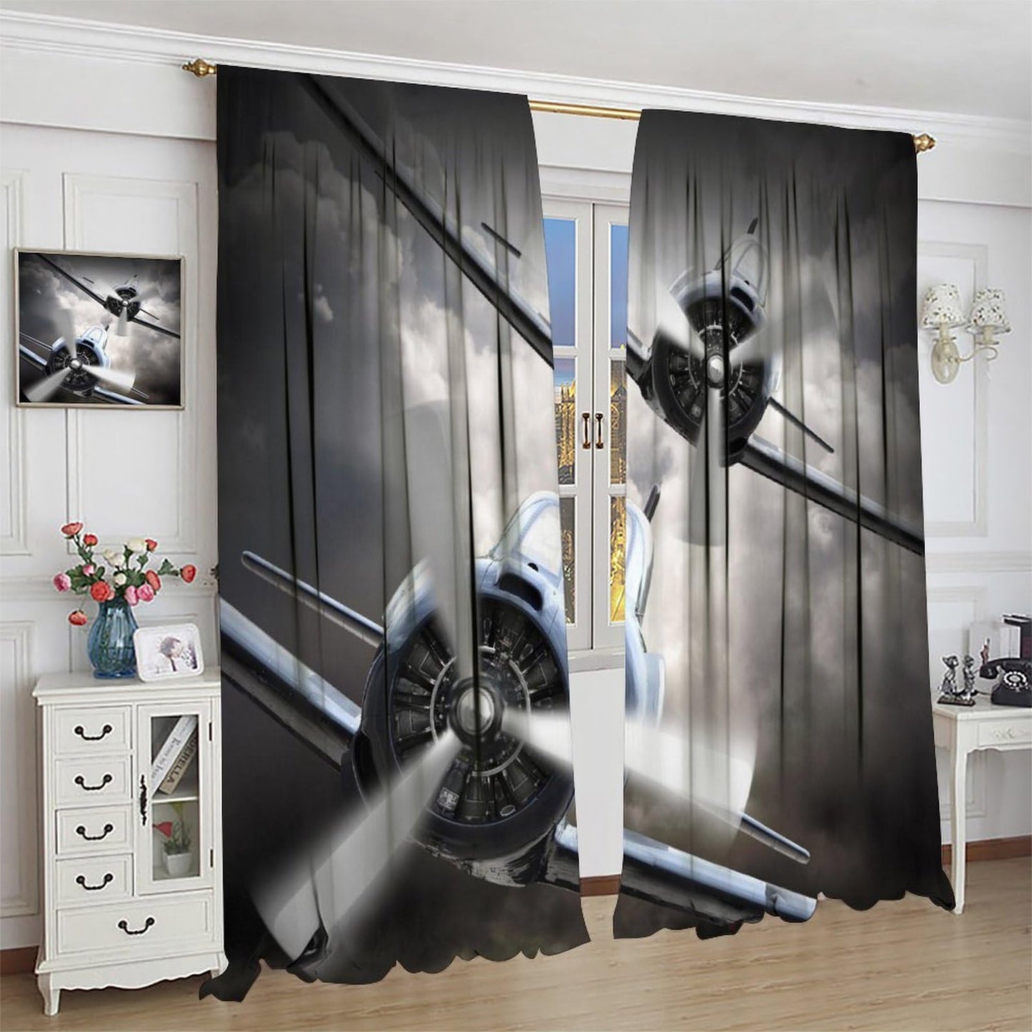 AAVEUP Airplane Blackout Curtains for Boys, Vintage 70s Old Gray Military Propeller Clouds Military Helicopter Window Drapes Print for Kids Adolescents Nursery Bedroom Living Room Bathroom 42x45in