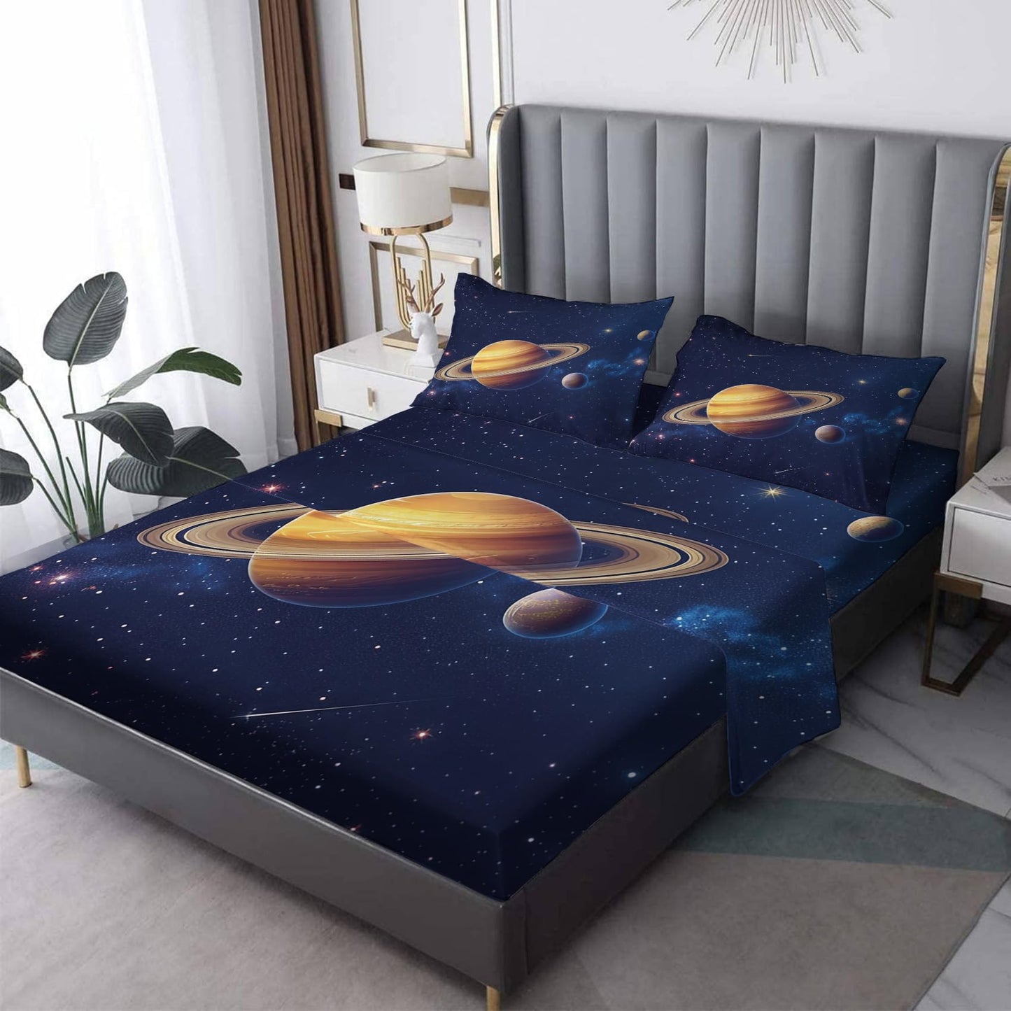 NOGAWA Planet Space Sheets Cal King, Galaxy Bed Sheets, Deep Pocket & Soft Microfiber Bedding Sheets & Pillowcases 4 Piece - Fitted Sheet & Flat Sheet & 2 Pillow Cases