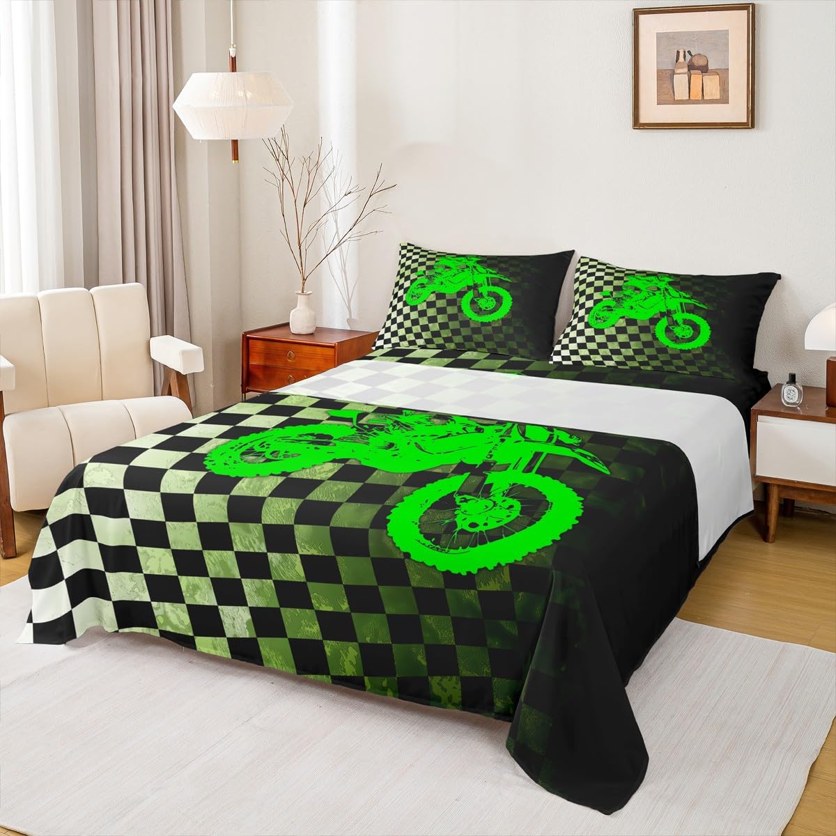 Boys Dirt Bike Bed Sheets,Motocross Rider Queen Sheet Set,Black and White Buffalo Plaid Sheets,Cool Sport Car Flat Sheet Fluorescent Green Motorcycle Fitted Sheet for Kids Teens Bedroom Decor…