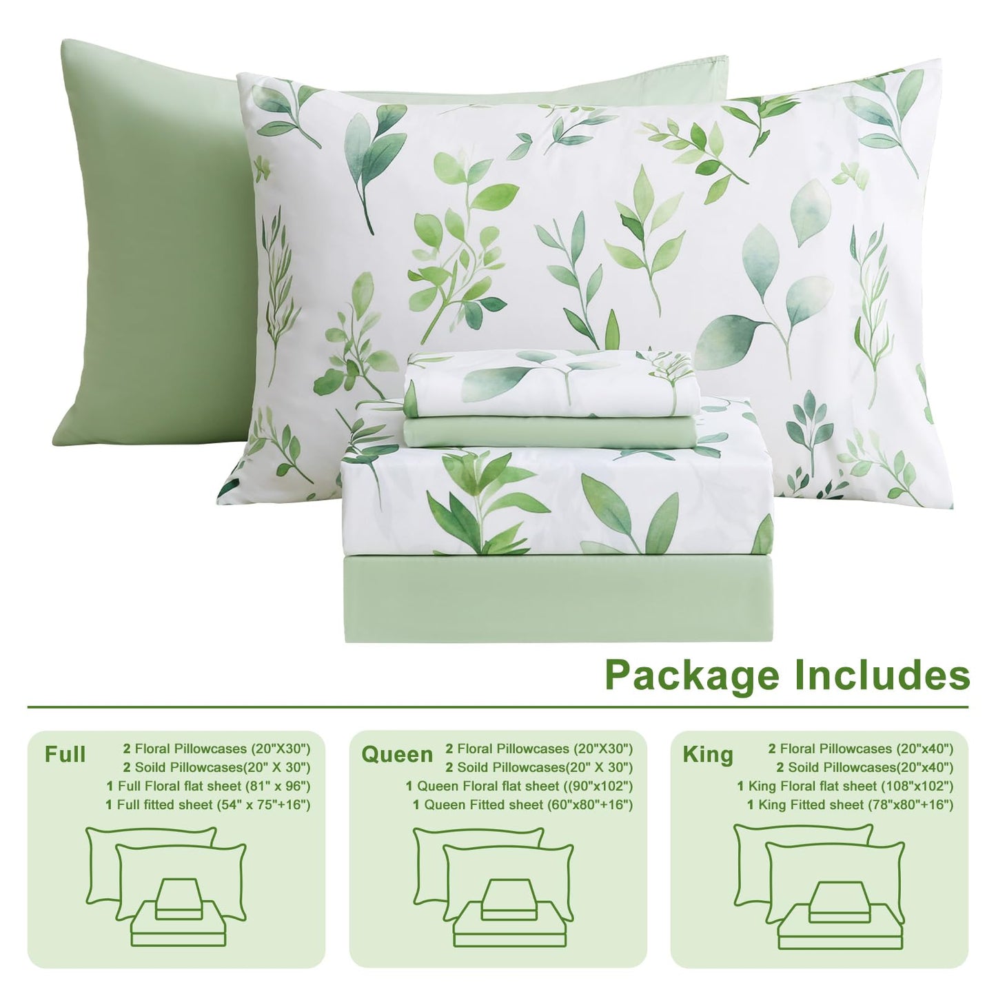 Botanical 6-Piece Queen Bed Sheets Set, Boho Floral Print Brushed Microfiber Sheets, Cooling Bed Sheet Set, Ultra Soft & Breathable, 16' Deep Pocket Fitted Sheet & Pillowcase Set, Sage Green Leaves