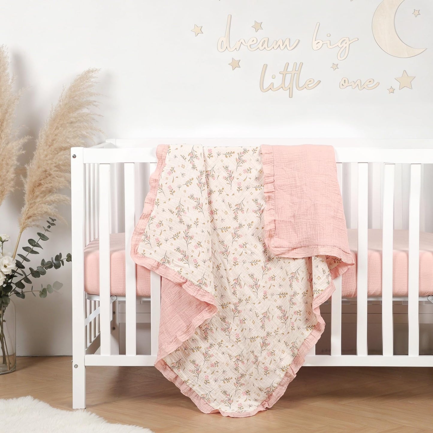 Organic Baby Blanket Flounce Edge Large 50"x43" Floral, 100% Muslin Cotton Super Soft Breathable Toddler Quilt Crib Blankets Gender Neutral for Baby Boys and Girls Bassinet, Bed, Stroller & Snuggling