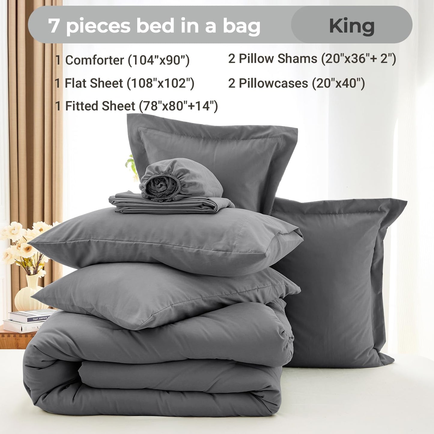 MUXHOMO 7 Pieces King Comforter Set, Soft Bed in a Bag King Size, All Season Bedding Set with Comforter, Flat Sheet, Fitted Sheet, Pillowcases & Shams, Dark Grey
