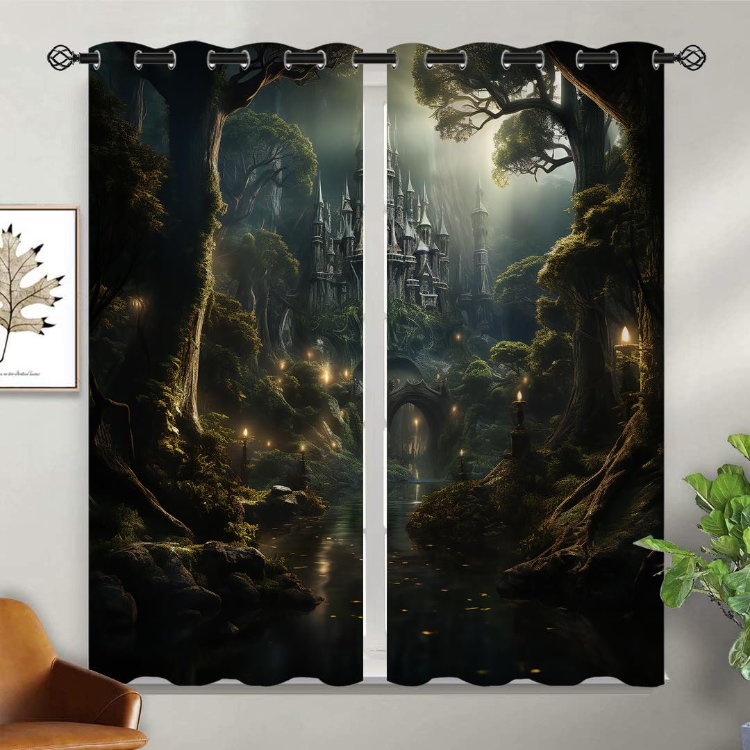 ONINUO Magic Forest Blackout Curtains for Girls Boy Home Decor, Enchanted Castle Medieval Gothic Grommet Thermal Insulated Drapes Darkening Window Curtain for Bedroom Living Room, 42 x 45 Inch