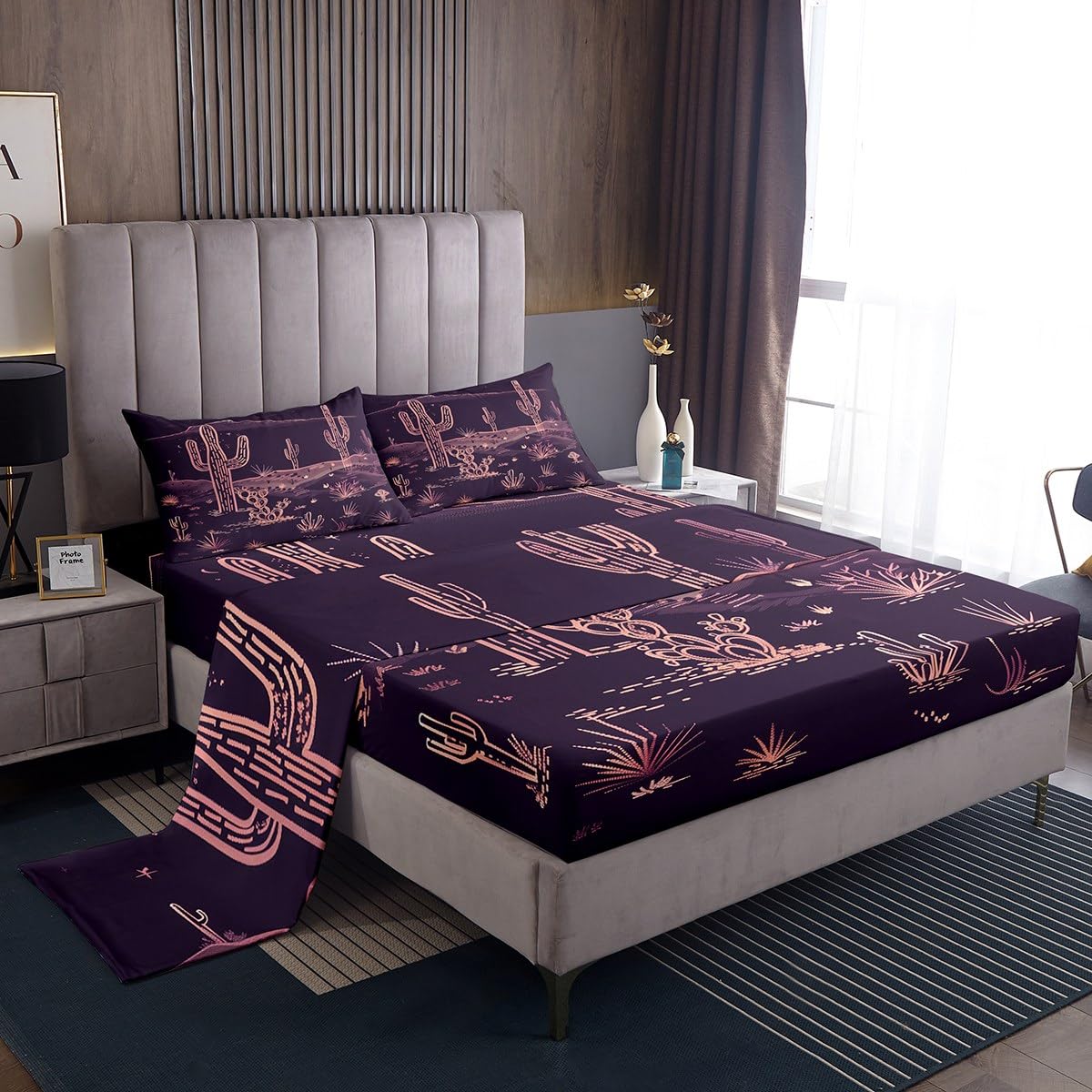jejeloiu Western Bed Sheets Set Queen Size Desert Cactus Deep Pocket Fitted Sheet Purple Bedding Sets Vintage Southwest Soft Bed Set 4Pcs with 2 Pillow Cases