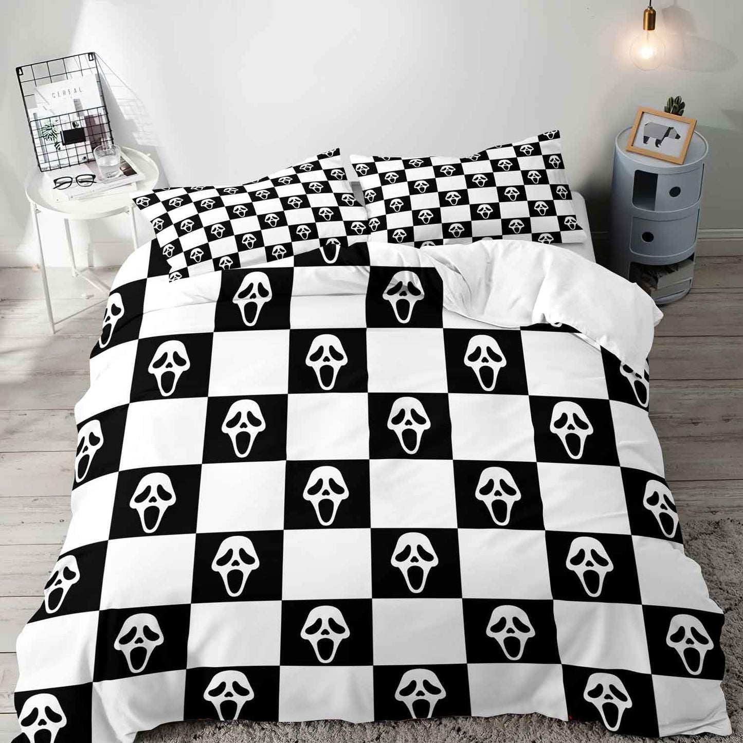 LUVIVIHOME 3PCS Funny Scream Face Duvet Cover Queen Bedding Set, Black and White Checkered Duvet Cover, Halloween Horror Scary Spooky Ghost Skull Face Grid Buffalo Plaid Comforter Cover 2 Pillow Cases