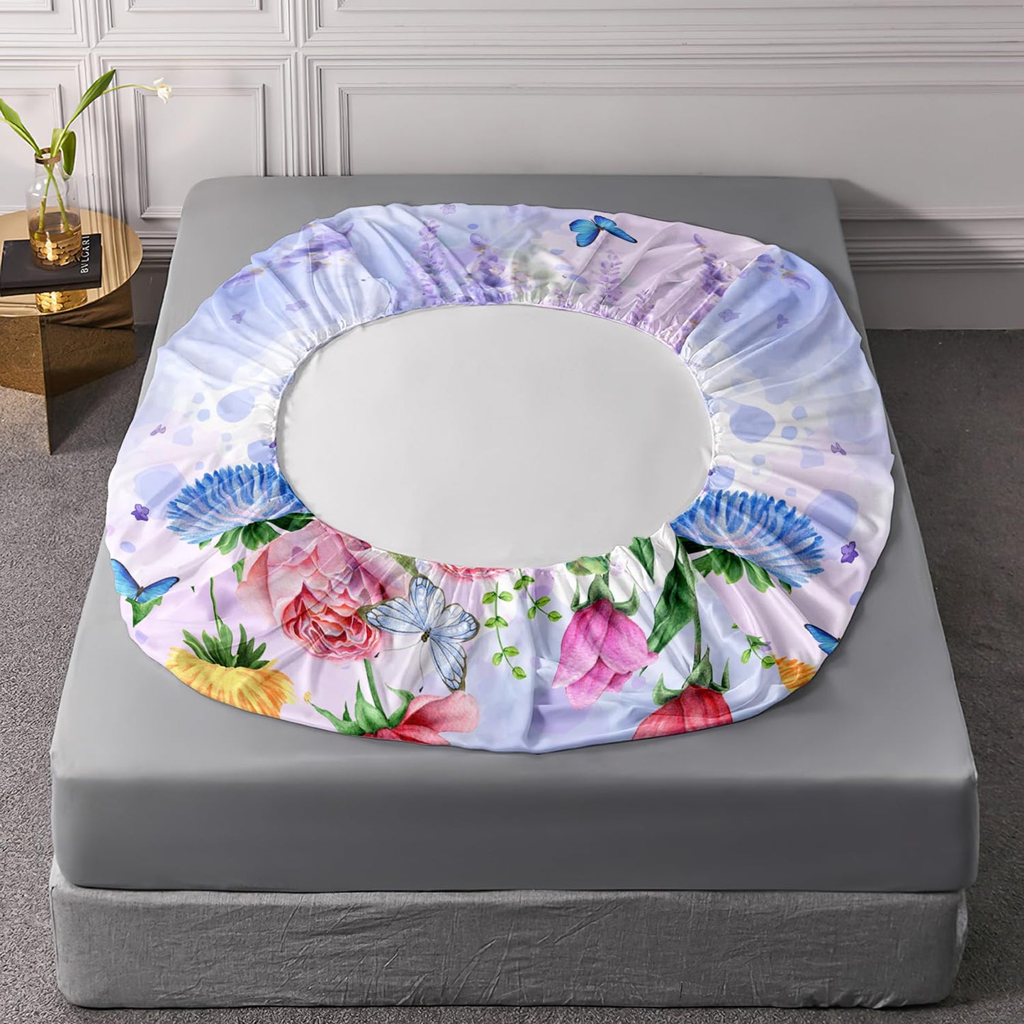 AILONEN Butterfly Bedding Set Twin Size Blue Pink Flower Fitted Sheets 3 Pieces Set Purple Lavender Sheet for Kids Girls Bedroom Decor Breathable Fitted Sheet and 2 Pillowcases