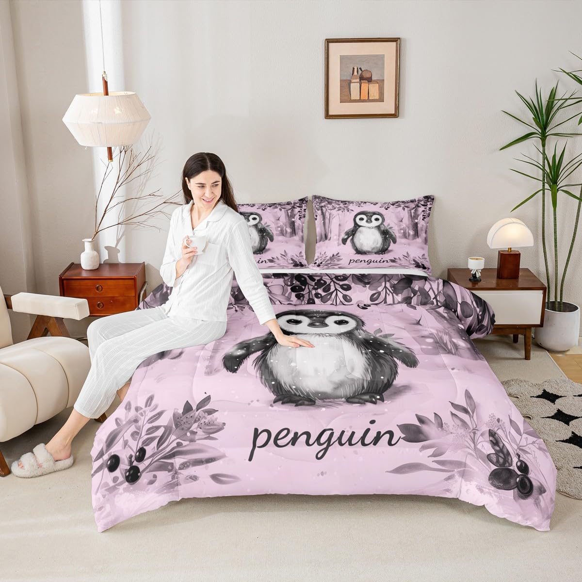 Erosebridal Pink Kawaii Penguins Comforter Set Queen Antarctic Animal Pattern Bedding Set Cartoon Penguin Comforter for Kids Boys Girls,Winter Snowy Forest Quilt Duvet