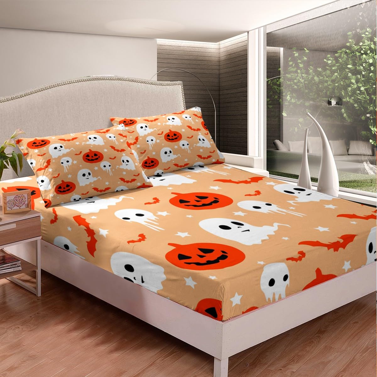 Feelyou Happy Halloween Kids Twin Size Bedding Set Decoration Pumpkin Lantern Sheets Set for Boys Girls Ghost Cute Fitted Sheet Orange Bed Sheet Set Collection