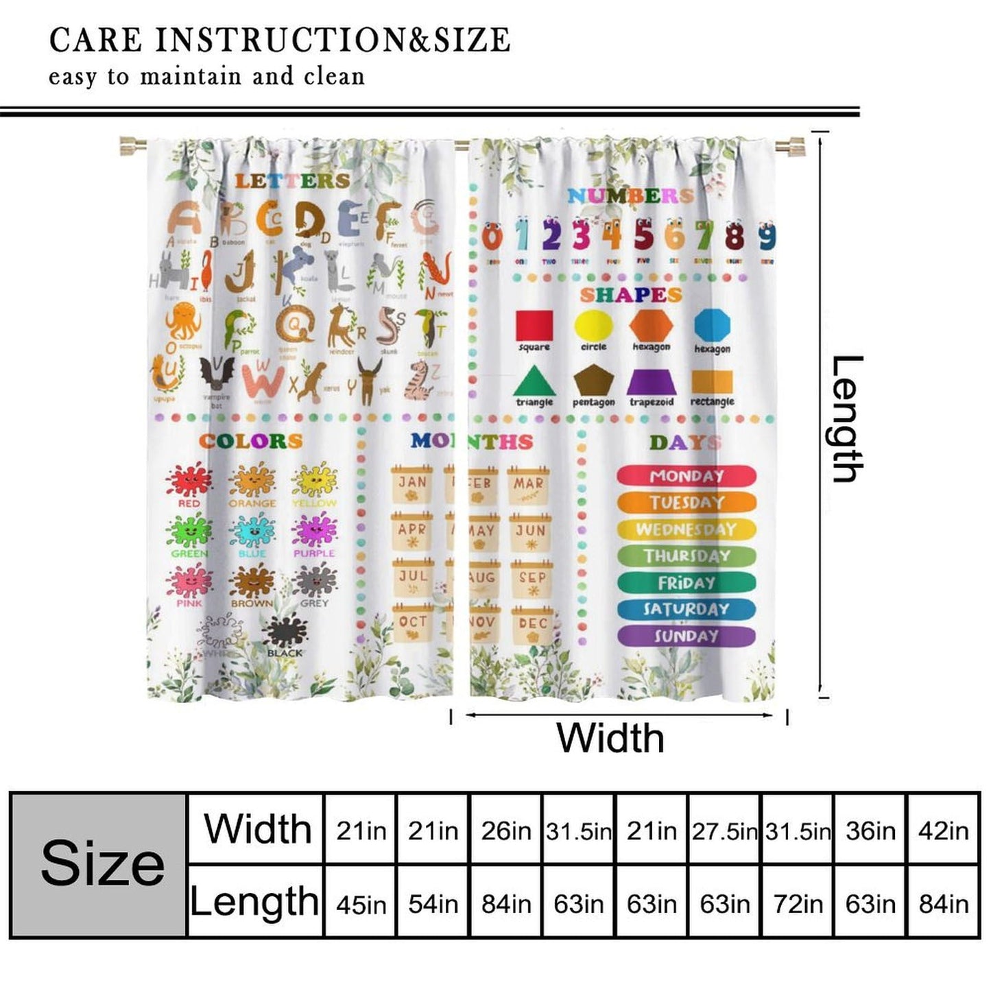 Kids Alphabets ABC Curtains,Cartoon Numeric Color Animal Nursery Eucalyptus Leaves Plant Funny School Education Window Drapes Print for Boys Girls Baby Children Toddler Bedroom 42x45in（No Blackout）