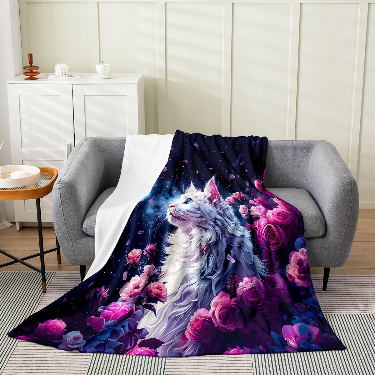 Feelyou Cat Plush Throw Blanket Halloween Themed Flannel Blanket Throw 50"x60" Trick or Treat All Season Cute Kitten for Couch Bed Sofa Scaredy Cat Bedroom Decor