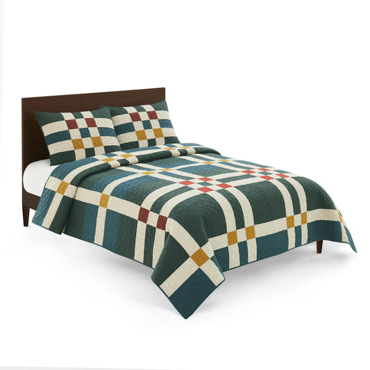 Pendleton King Quilt Set – 100% Cotton 3 Piece Quilt Set with Shams, Soft Lightweight Bedding for King Size Bed, Green & Tan Patterned Comforter Alternative, King Bedding Set (Four Square)