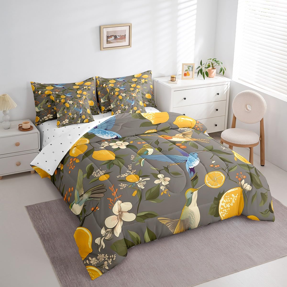 Erosebridal Lemon Trees Bedding Set for Kids Teens,Hummingbirds Comforter Set King Size,Oil Painting Lemon Fruit (Comforter+Fitted+Flat Sheet+2 Pillowcases+2 Throw Pillow Covers) 7 Pieces Bed Set