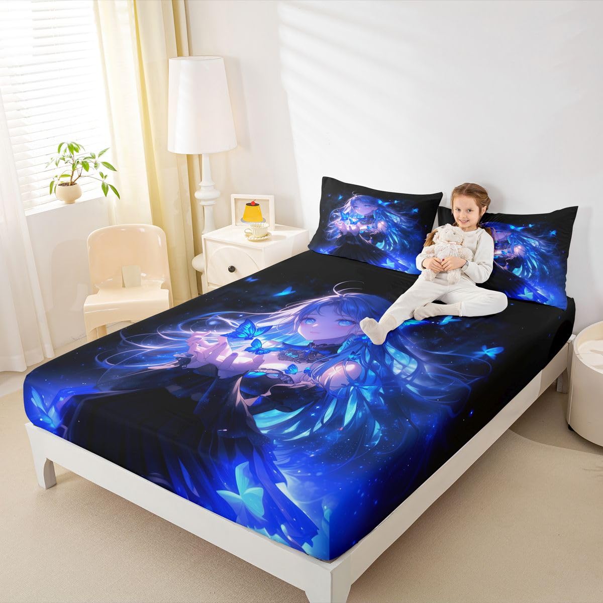 Erosebridal 3D Japanese Girl Fitted Sheet for Boys Girls Kids Blue Butterfly Decorations Queen Bed Sheets,Cartoon Sheets Anime Gifts for Her Bedding Sets, No Top Sheet